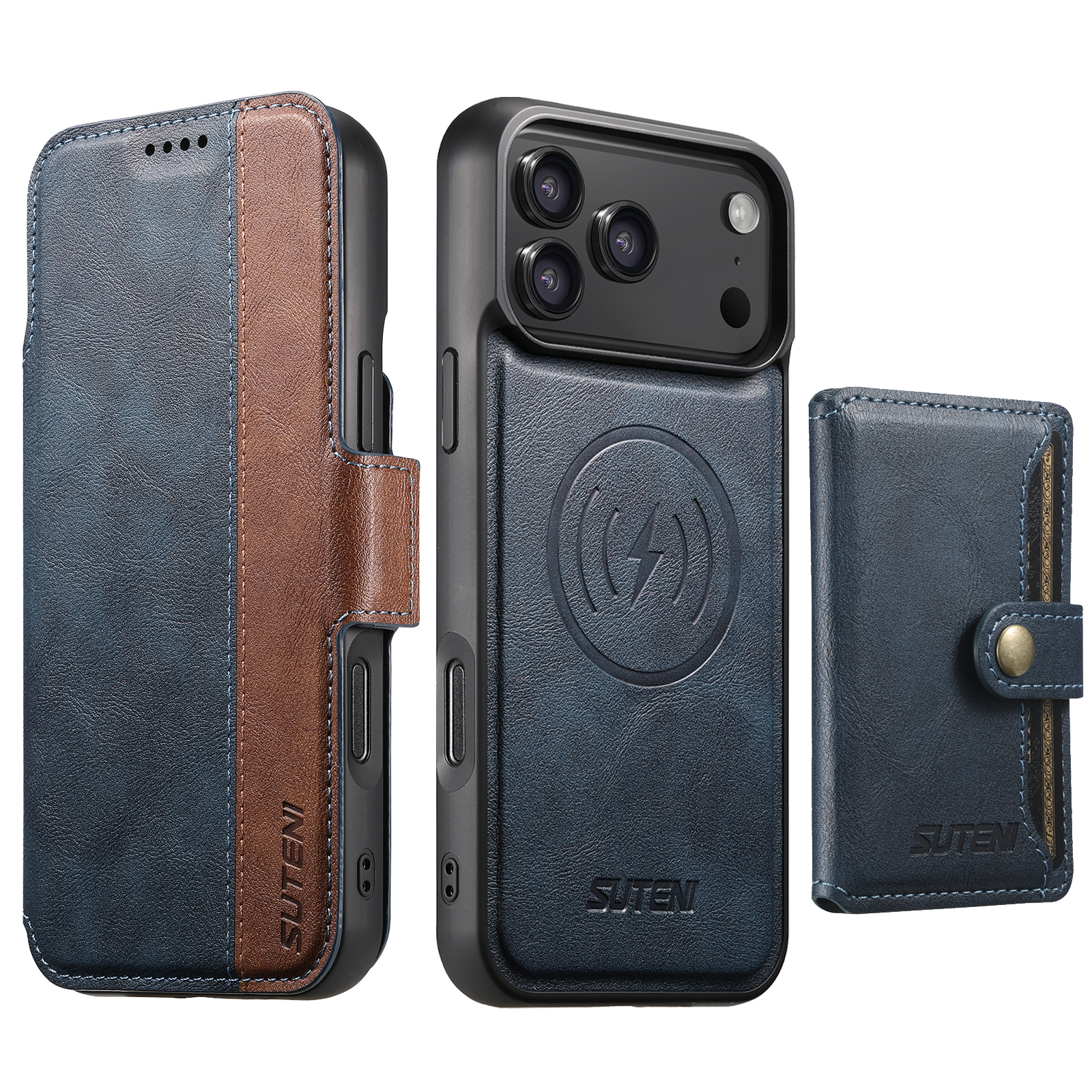 SUTENI Q07S1 Faux Leather Wireless Charging Card Holder Stand Wallet Magnetic Flip Cover Phone Case For iPhone 17 Pro Max 16 Plus 15 14 13 12
