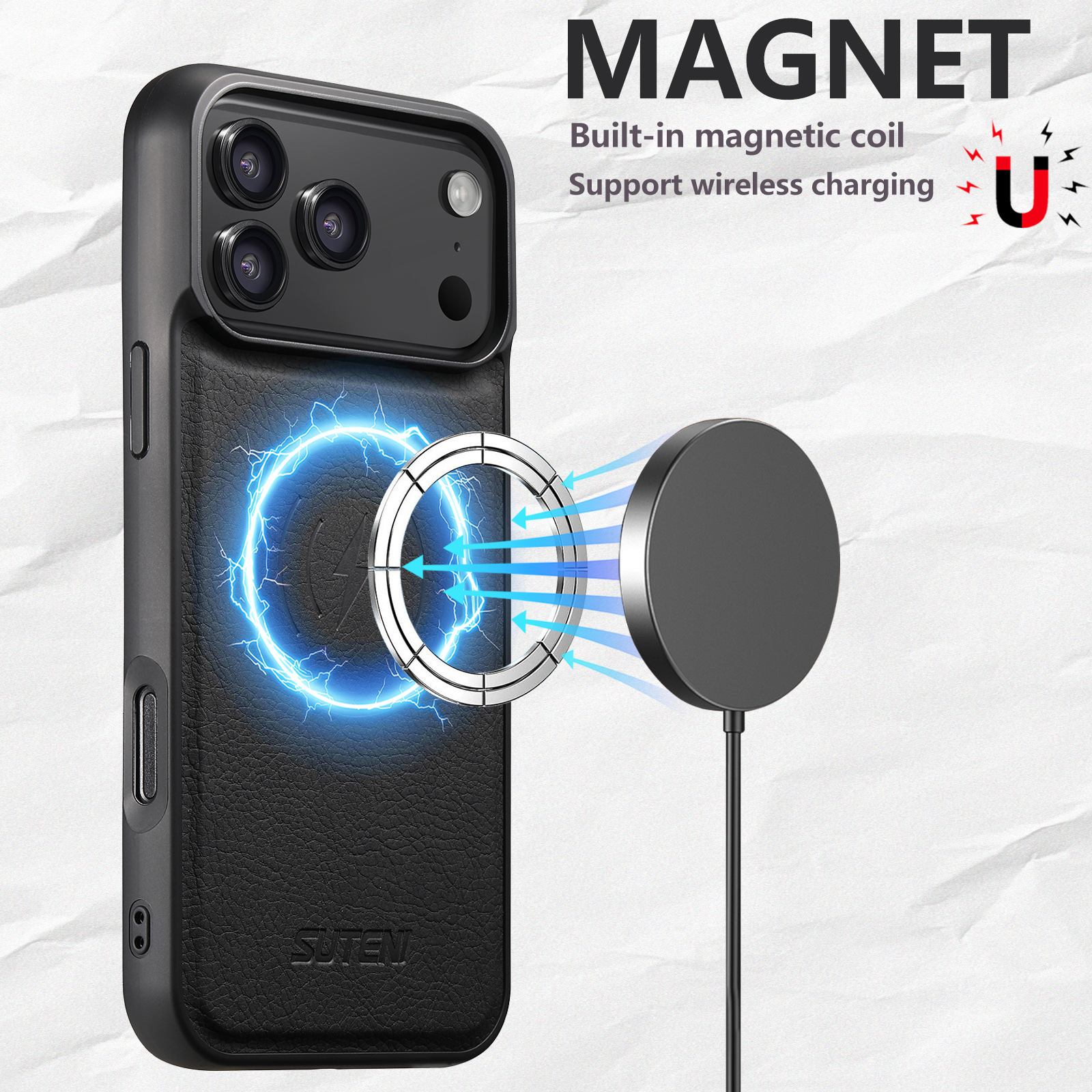 SUTENI G5LZ Frosted Feel Faux Leather Magnet Wireless Charging Phone Case For iPhone 17 Pro Max 16 Plus 15 14 13