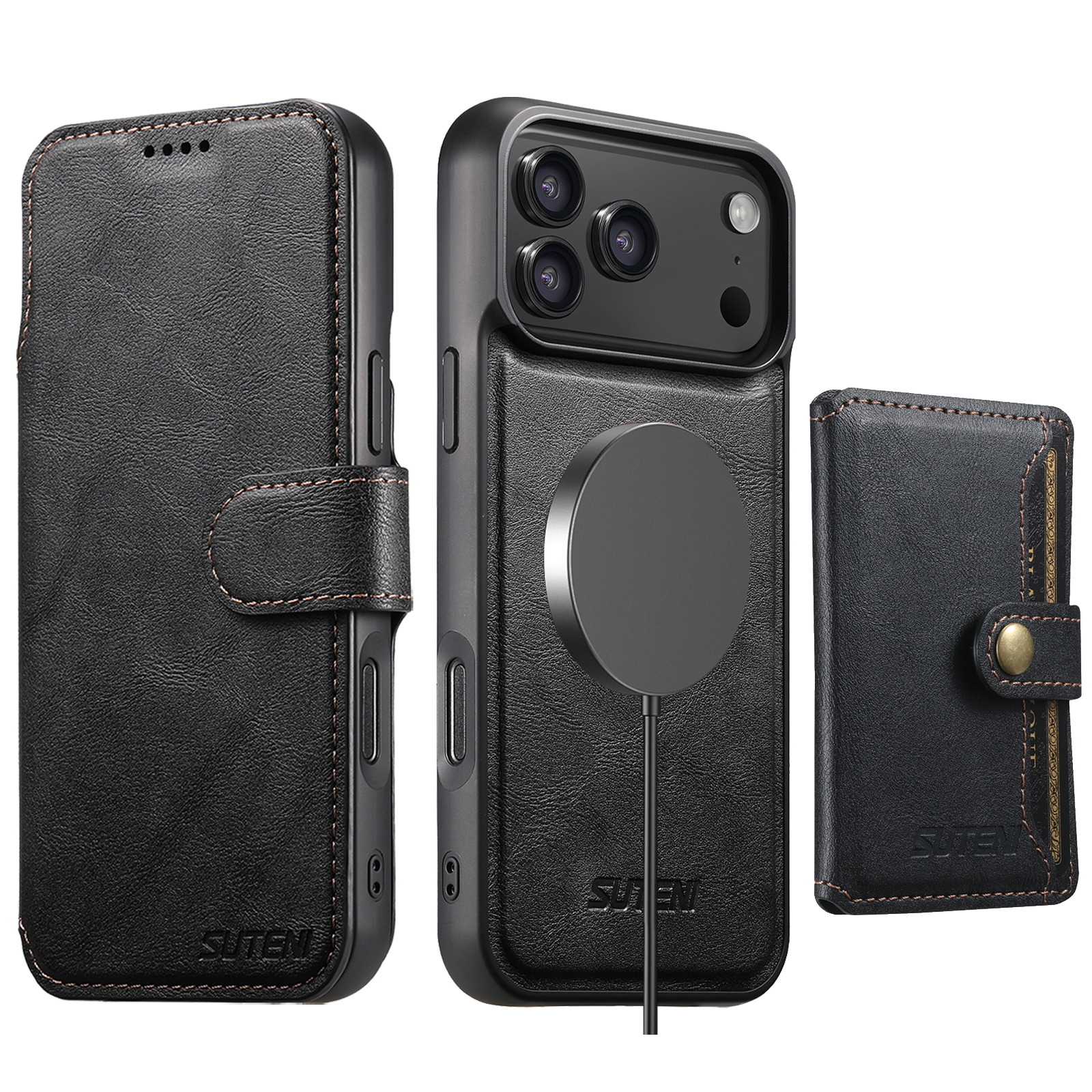 SUTENI Q05S1 Faux Leather Wireless Charging Card Holder Stand Wallet Magnetic Flip Cover Phone Case For iPhone 17 Pro Max 16 Plus 15 14 13 12
