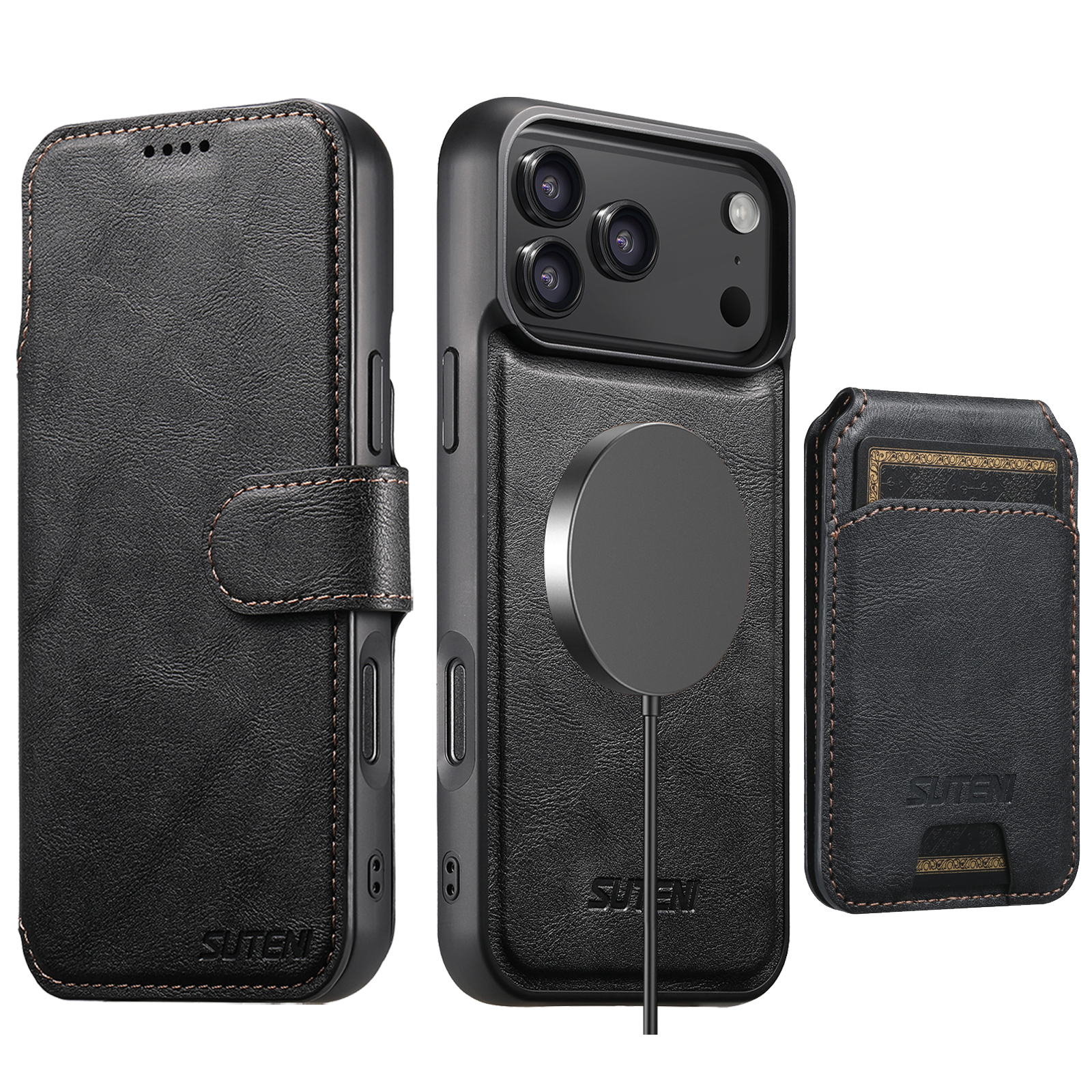 SUTENI Q05S2 Faux Leather Wireless Charging Card Holder Stand Wallet Magnetic Flip Cover Phone Case For iPhone 17 Pro Max 16 Plus 15 14 13 12