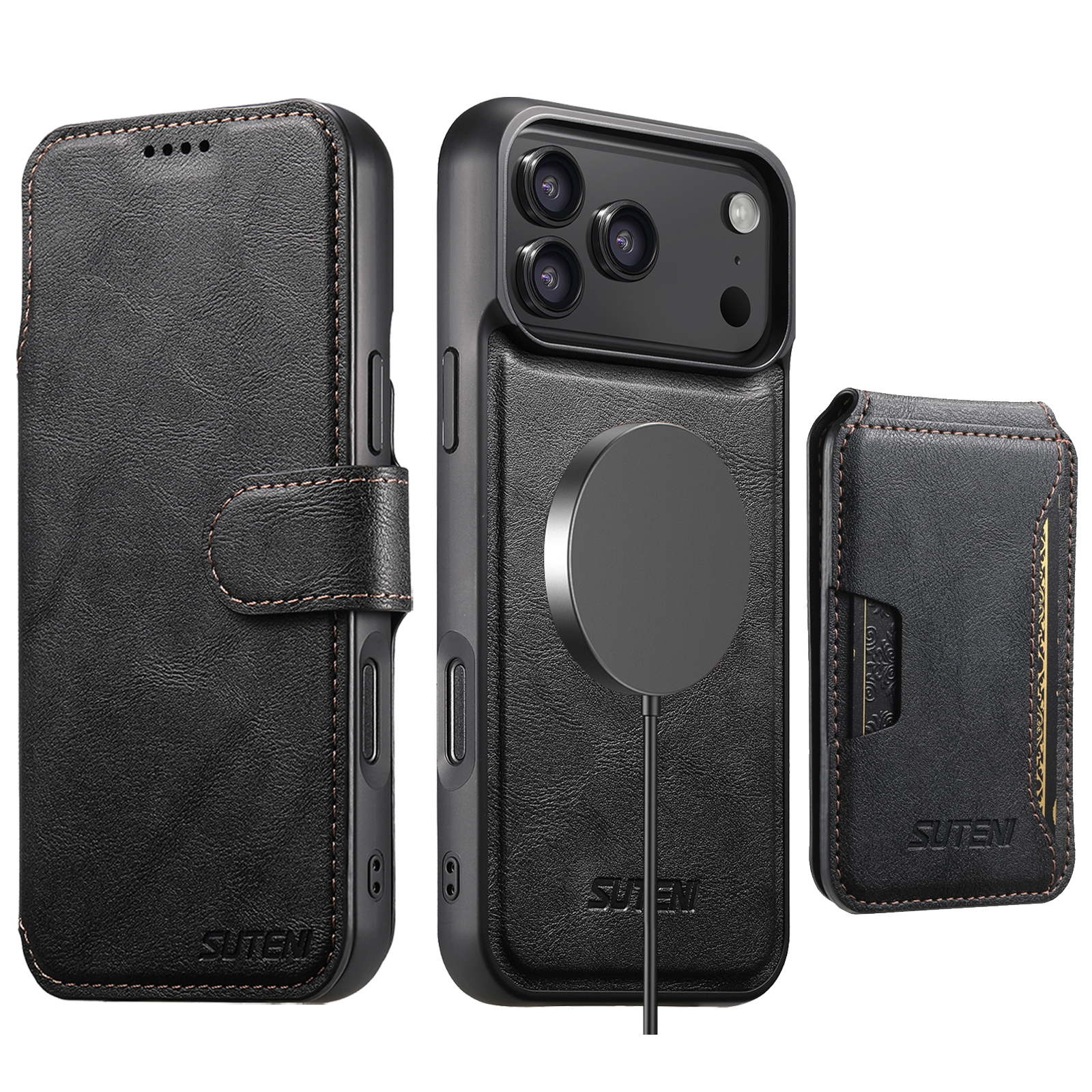 SUTENI Q05S3 Faux Leather Wireless Charging Card Holder Stand Wallet Magnetic Flip Cover Phone Case For iPhone 17 Pro Max 16 Plus 15 14 13 12
