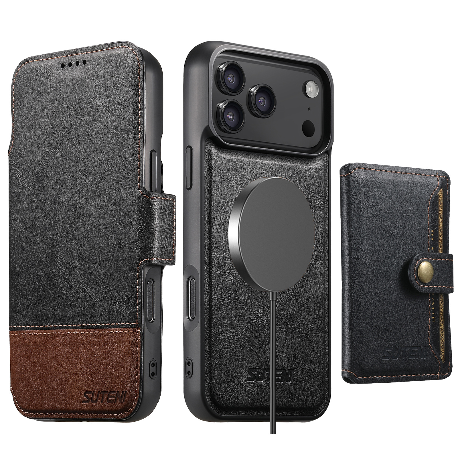 SUTENI Q06S1 Faux Leather Wireless Charging Card Holder Stand Wallet Magnetic Flip Cover Phone Case For iPhone 17 Pro Max 16 Plus 15 14 13 12