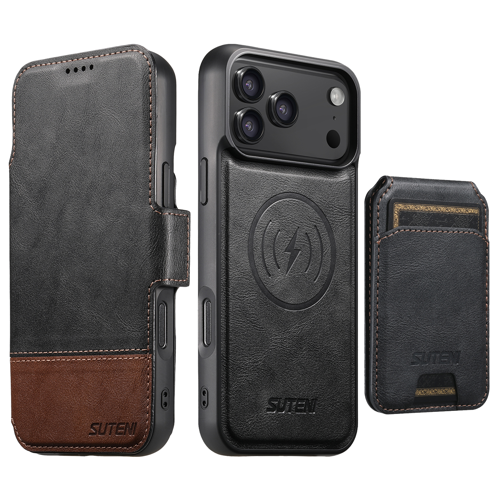 SUTENI Q06S2 Faux Leather Wireless Charging Card Holder Stand Wallet Magnetic Flip Cover Phone Case For iPhone 17 Pro Max 16 Plus 15 14 13 12