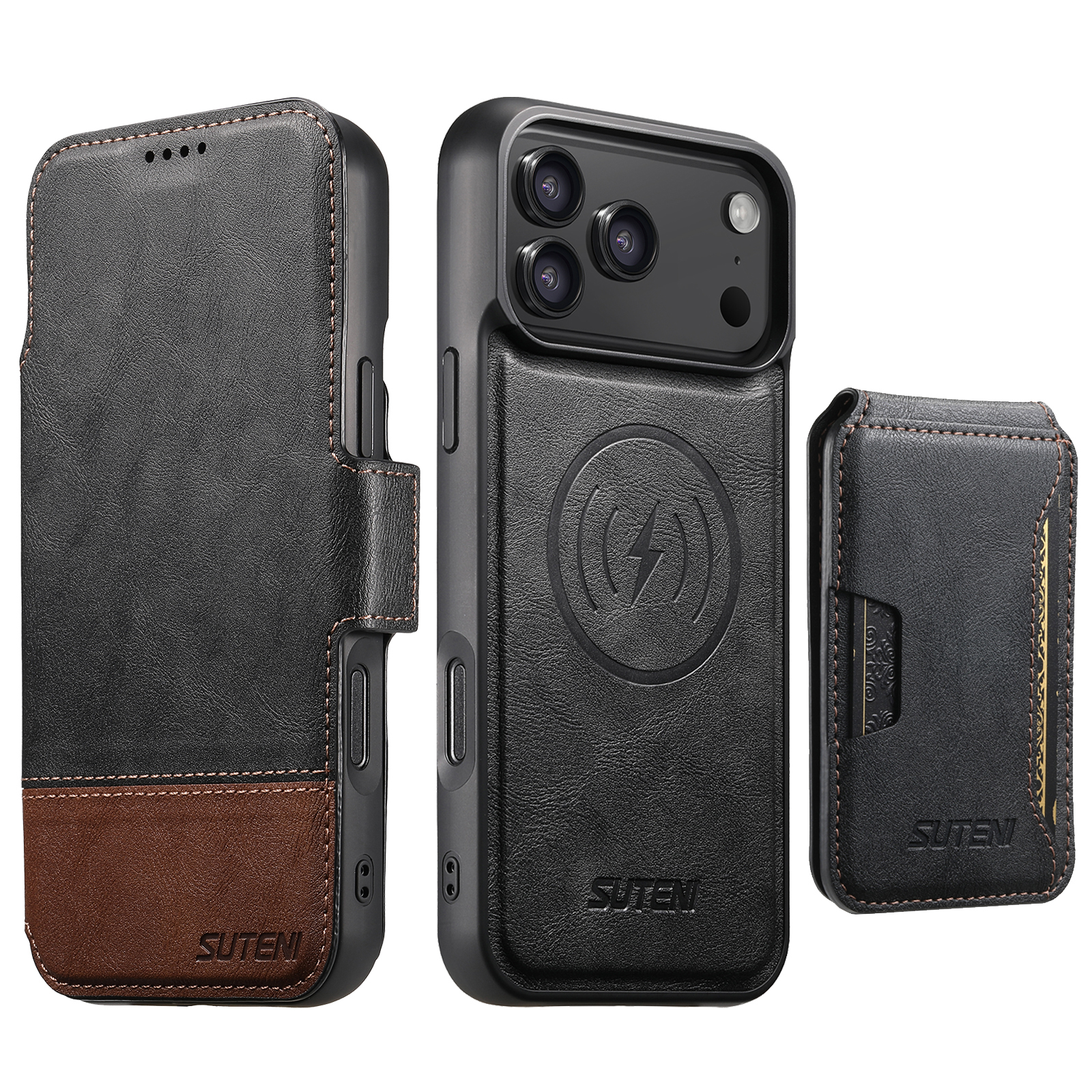 SUTENI Q06S3 Faux Leather Wireless Charging Card Holder Stand Wallet Magnetic Flip Cover Phone Case For iPhone 17 Pro Max 16 Plus 15 14 13 12