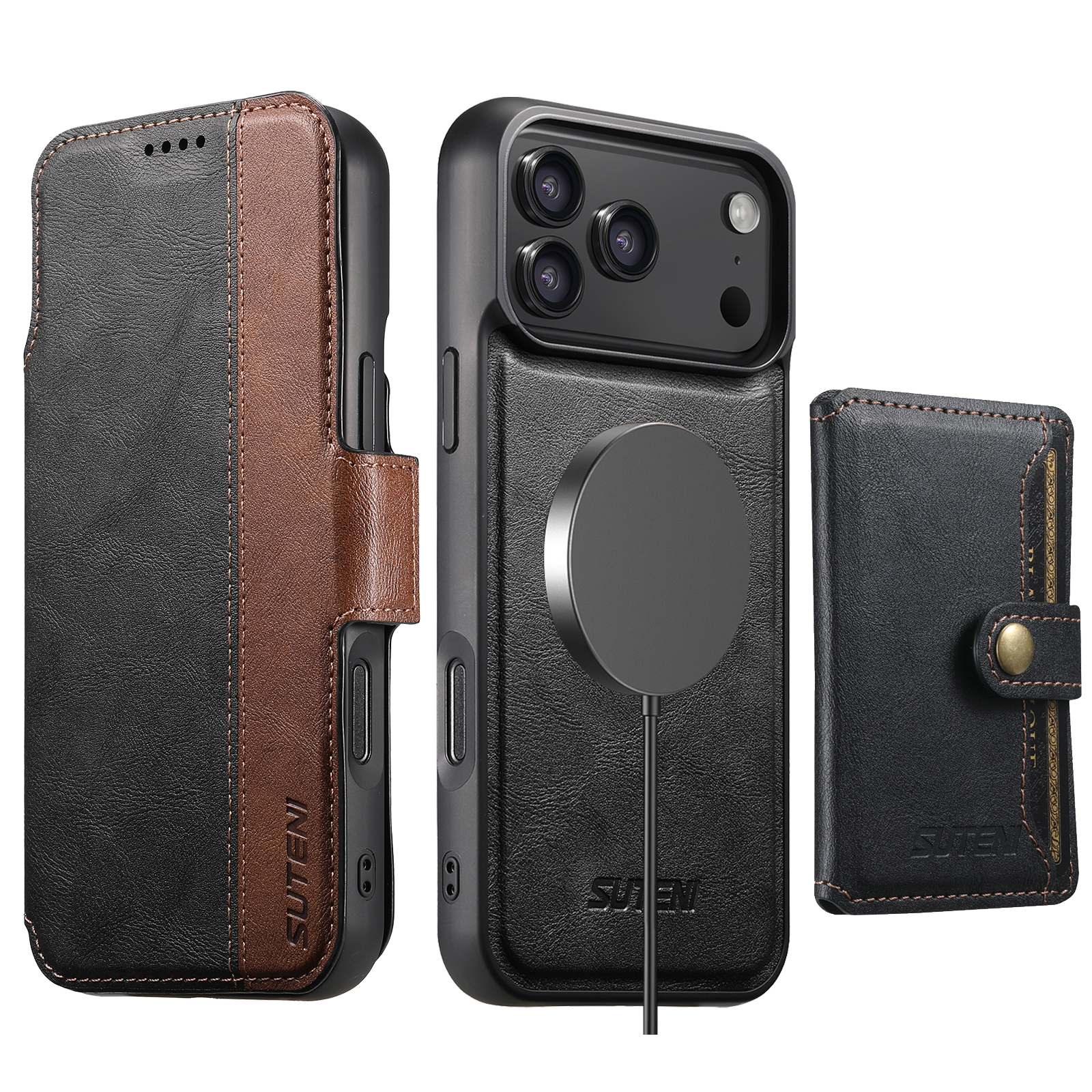 SUTENI Q07S1 Faux Leather Wireless Charging Card Holder Stand Wallet Magnetic Flip Cover Phone Case For iPhone 17 Pro Max 16 Plus 15 14 13 12