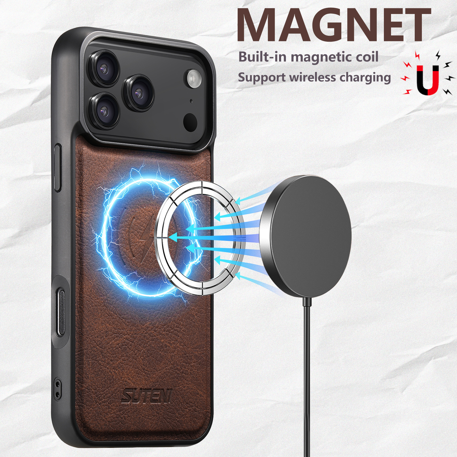 SUTENI G5LZ Frosted Feel Faux Leather Magnet Wireless Charging Phone Case For iPhone 17 Pro Max 16 Plus 15 14 13