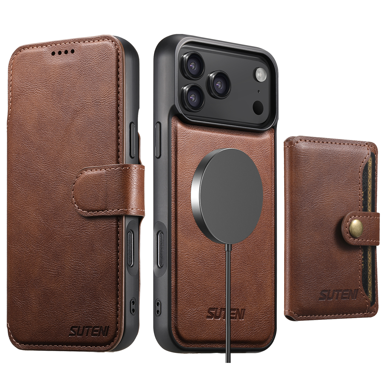 SUTENI Q05S1 Faux Leather Wireless Charging Card Holder Stand Wallet Magnetic Flip Cover Phone Case For iPhone 17 Pro Max 16 Plus 15 14 13 12