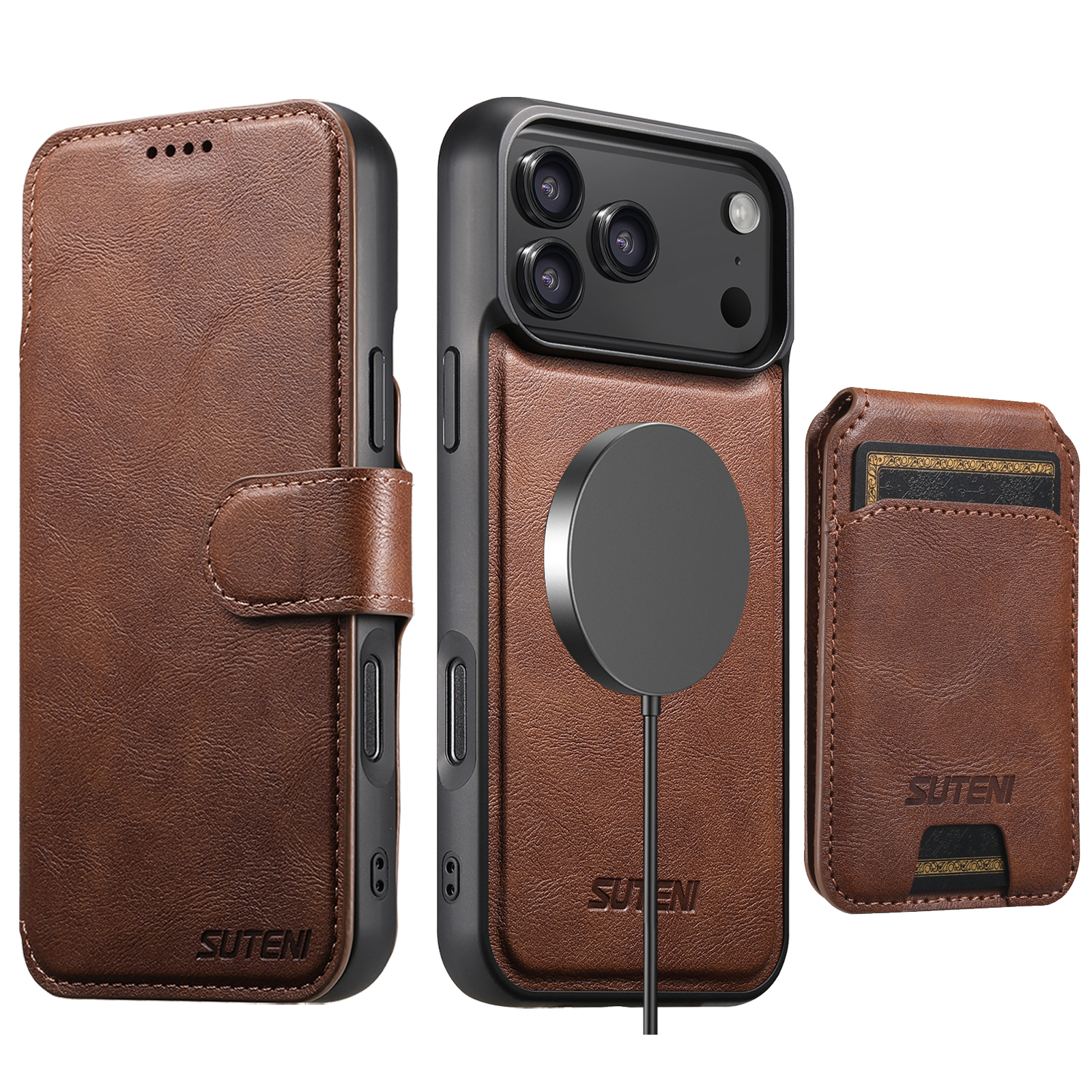 SUTENI Q05S2 Faux Leather Wireless Charging Card Holder Stand Wallet Magnetic Flip Cover Phone Case For iPhone 17 Pro Max 16 Plus 15 14 13 12