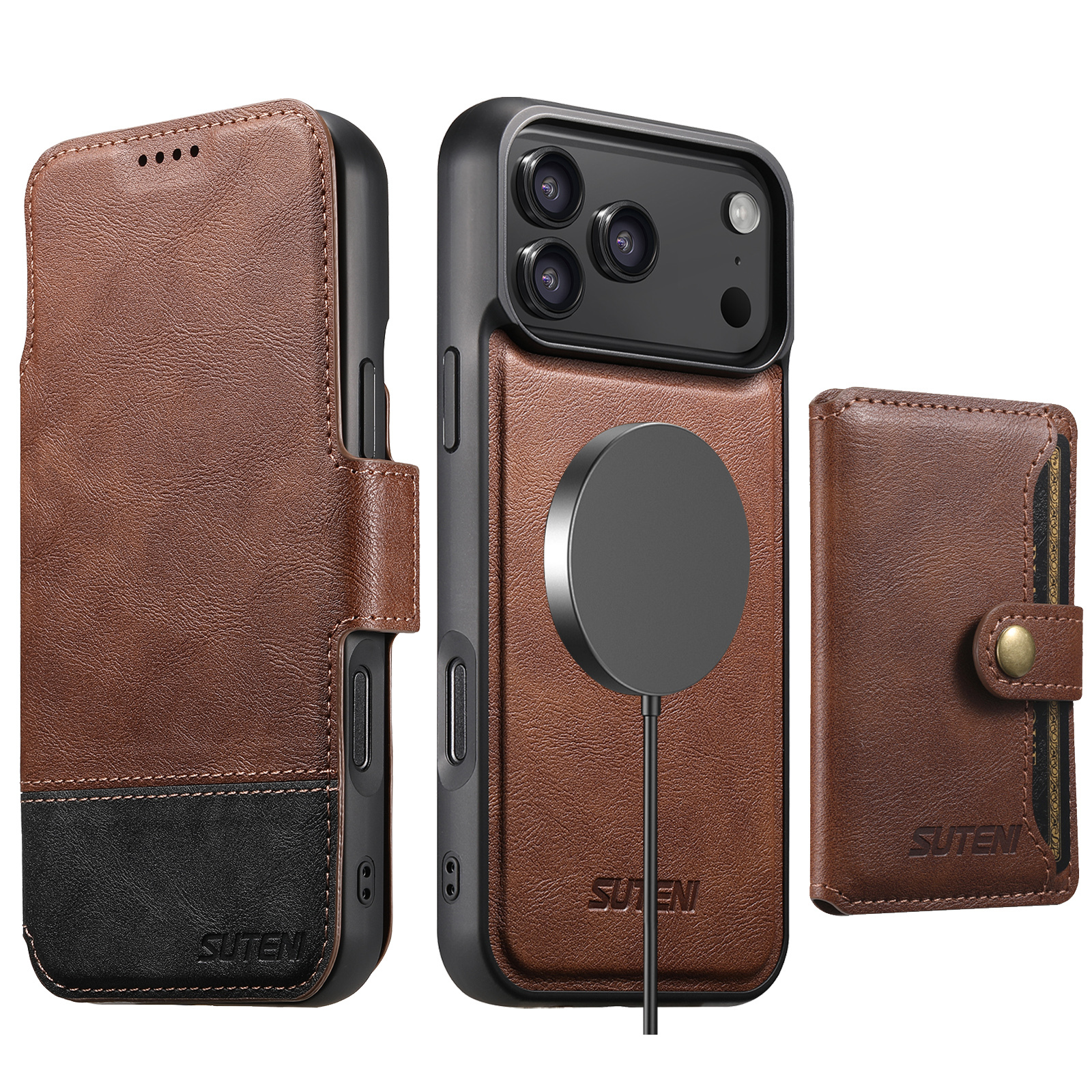 SUTENI Q06S1 Faux Leather Wireless Charging Card Holder Stand Wallet Magnetic Flip Cover Phone Case For iPhone 17 Pro Max 16 Plus 15 14 13 12