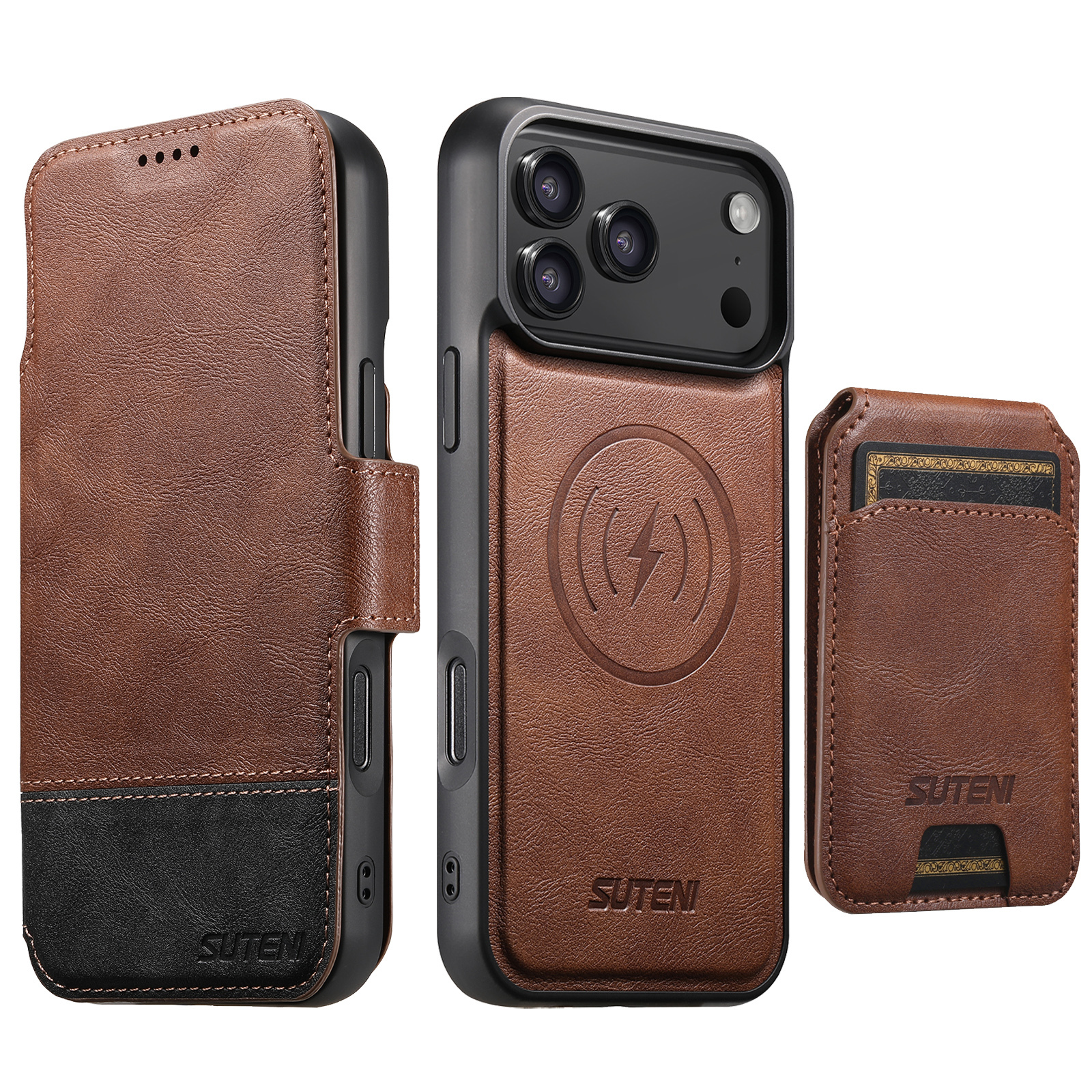 SUTENI Q06S2 Faux Leather Wireless Charging Card Holder Stand Wallet Magnetic Flip Cover Phone Case For iPhone 17 Pro Max 16 Plus 15 14 13 12