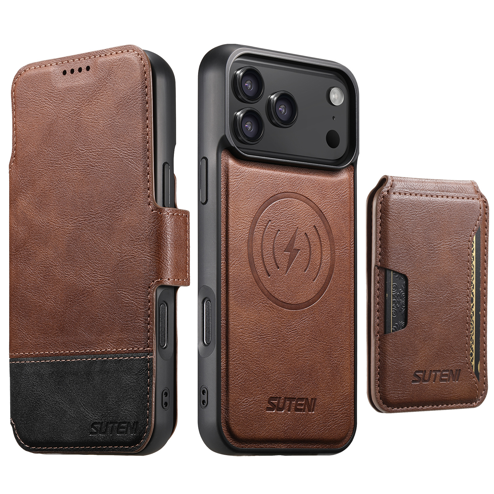 SUTENI Q06S3 Faux Leather Wireless Charging Card Holder Stand Wallet Magnetic Flip Cover Phone Case For iPhone 17 Pro Max 16 Plus 15 14 13 12