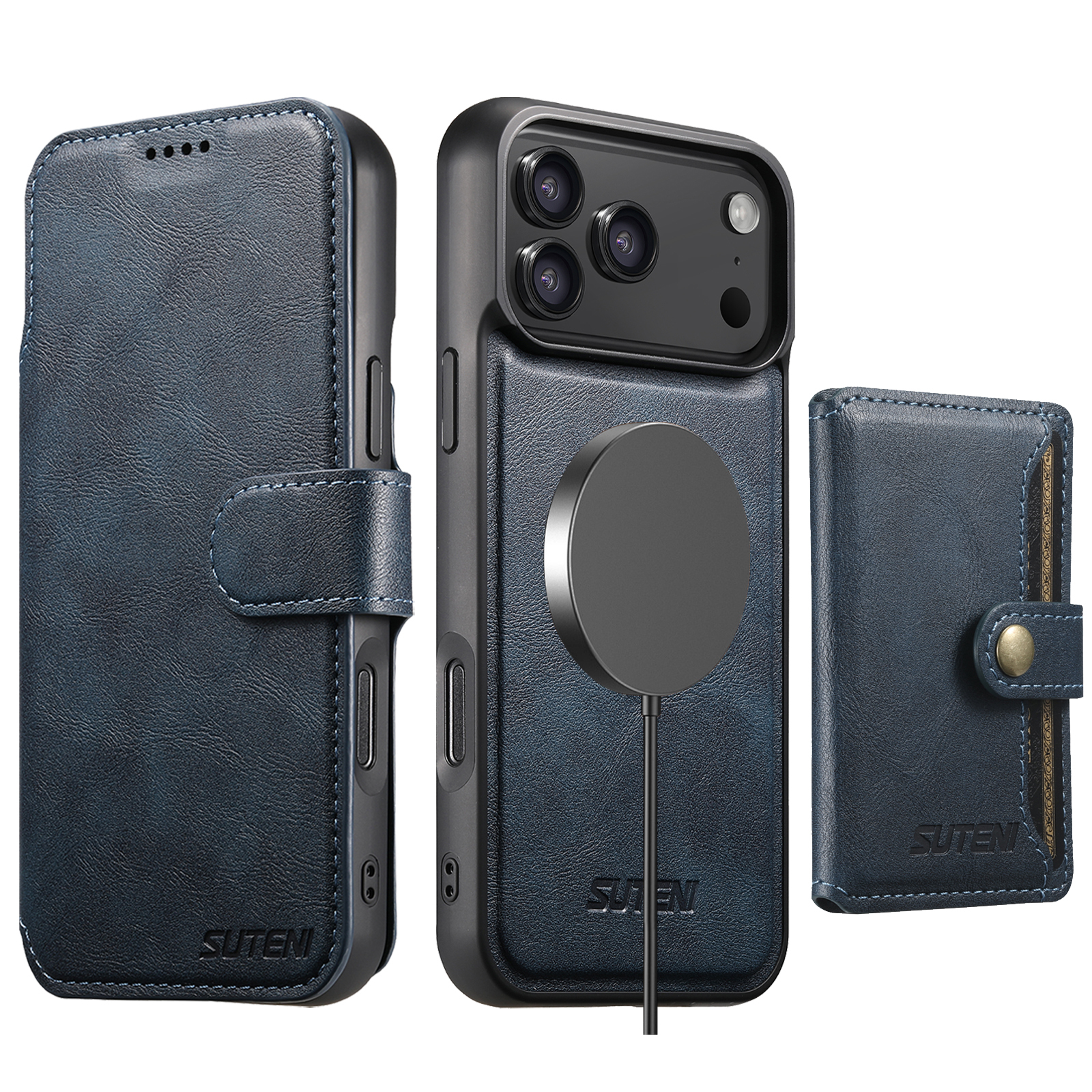SUTENI Q05S1 Faux Leather Wireless Charging Card Holder Stand Wallet Magnetic Flip Cover Phone Case For iPhone 17 Pro Max 16 Plus 15 14 13 12