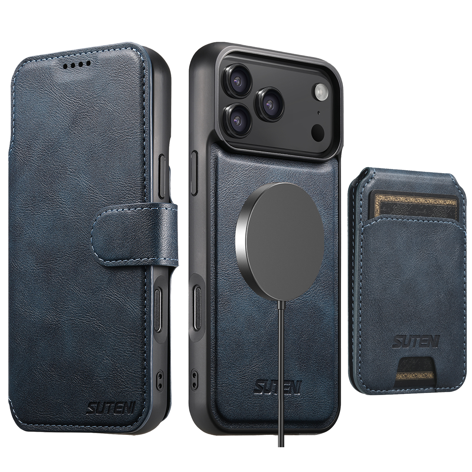 SUTENI Q05S2 Faux Leather Wireless Charging Card Holder Stand Wallet Magnetic Flip Cover Phone Case For iPhone 17 Pro Max 16 Plus 15 14 13 12