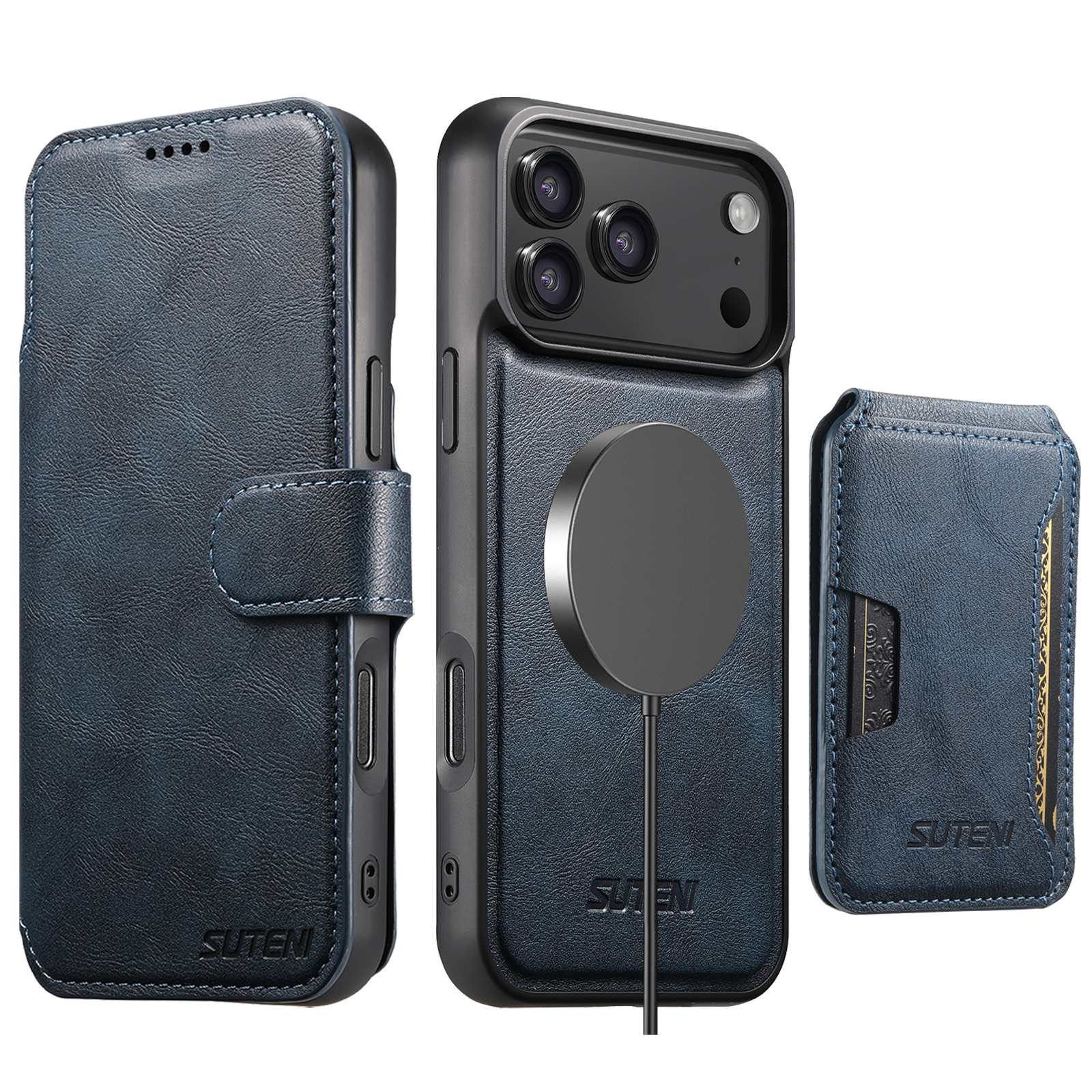 SUTENI Q05S3 Faux Leather Wireless Charging Card Holder Stand Wallet Magnetic Flip Cover Phone Case For iPhone 17 Pro Max 16 Plus 15 14 13 12