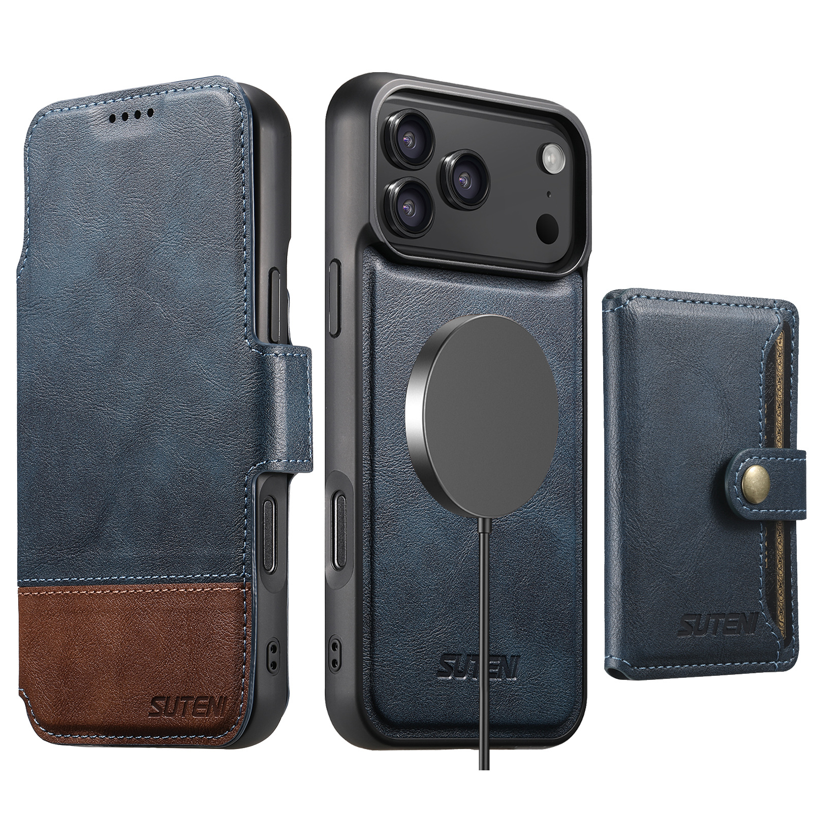 SUTENI Q06S1 Faux Leather Wireless Charging Card Holder Stand Wallet Magnetic Flip Cover Phone Case For iPhone 17 Pro Max 16 Plus 15 14 13 12