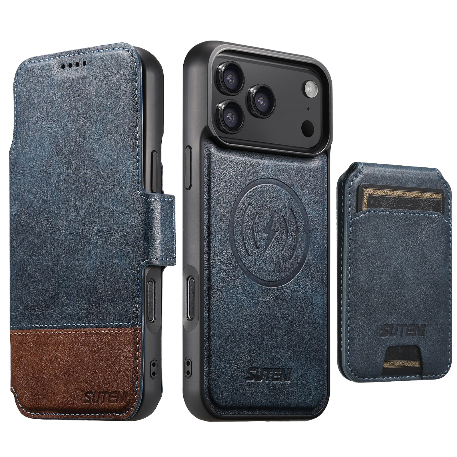 SUTENI Q06S2 Faux Leather Wireless Charging Card Holder Stand Wallet Magnetic Flip Cover Phone Case For iPhone 17 Pro Max 16 Plus 15 14 13 12