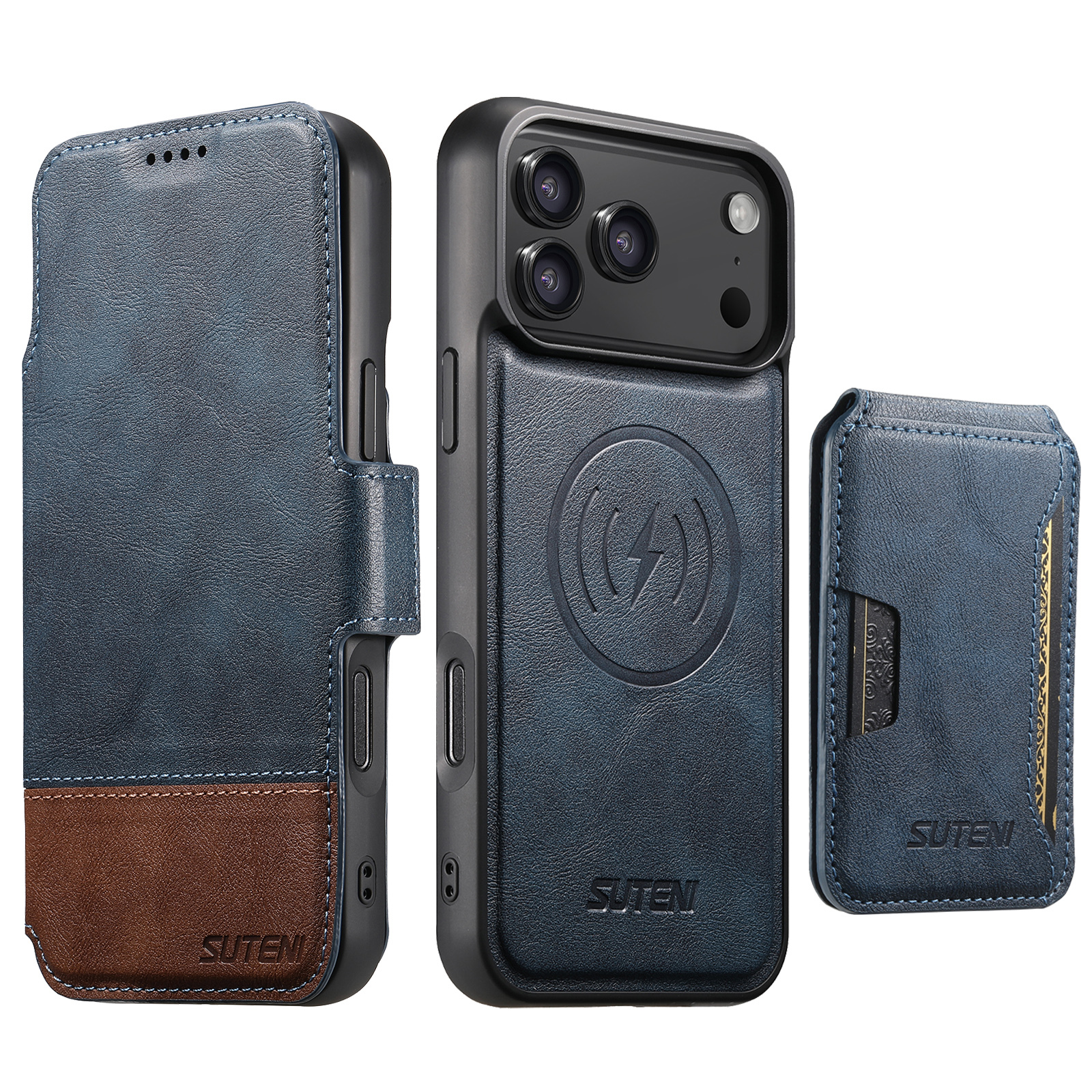 SUTENI Q06S3 Faux Leather Wireless Charging Card Holder Stand Wallet Magnetic Flip Cover Phone Case For iPhone 17 Pro Max 16 Plus 15 14 13 12