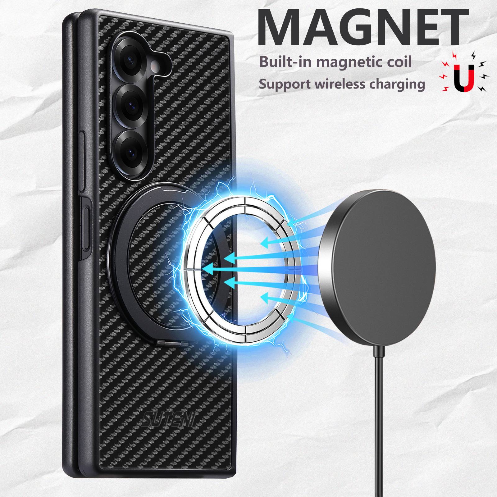SUTENI G3TXW Mobile Phone Case Magnet Wireless Charging 360° Rotating Stand Faux Leather Ring Buckle For Samsung Galaxy Z Fold 7 6 5