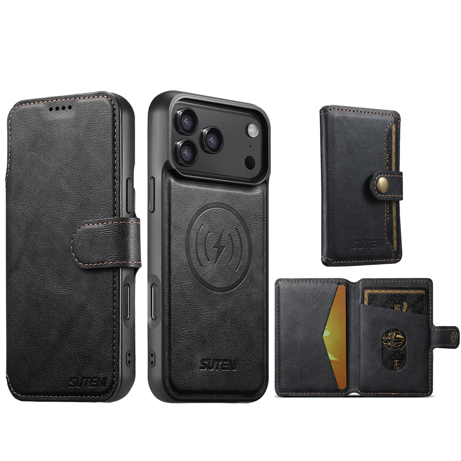 SUTENI Q05S1 Faux Leather Wireless Charging Card Holder Stand Wallet Magnetic Flip Cover Phone Case For iPhone 17 Pro Max 16 Plus 15 14 13 12