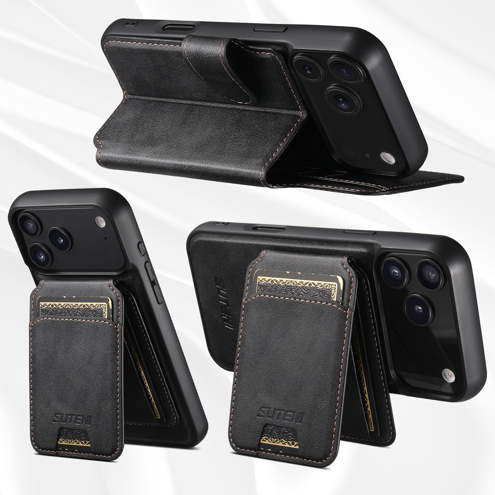 SUTENI Q05S2 Faux Leather Wireless Charging Card Holder Stand Wallet Magnetic Flip Cover Phone Case For iPhone 17 Pro Max 16 Plus 15 14 13 12