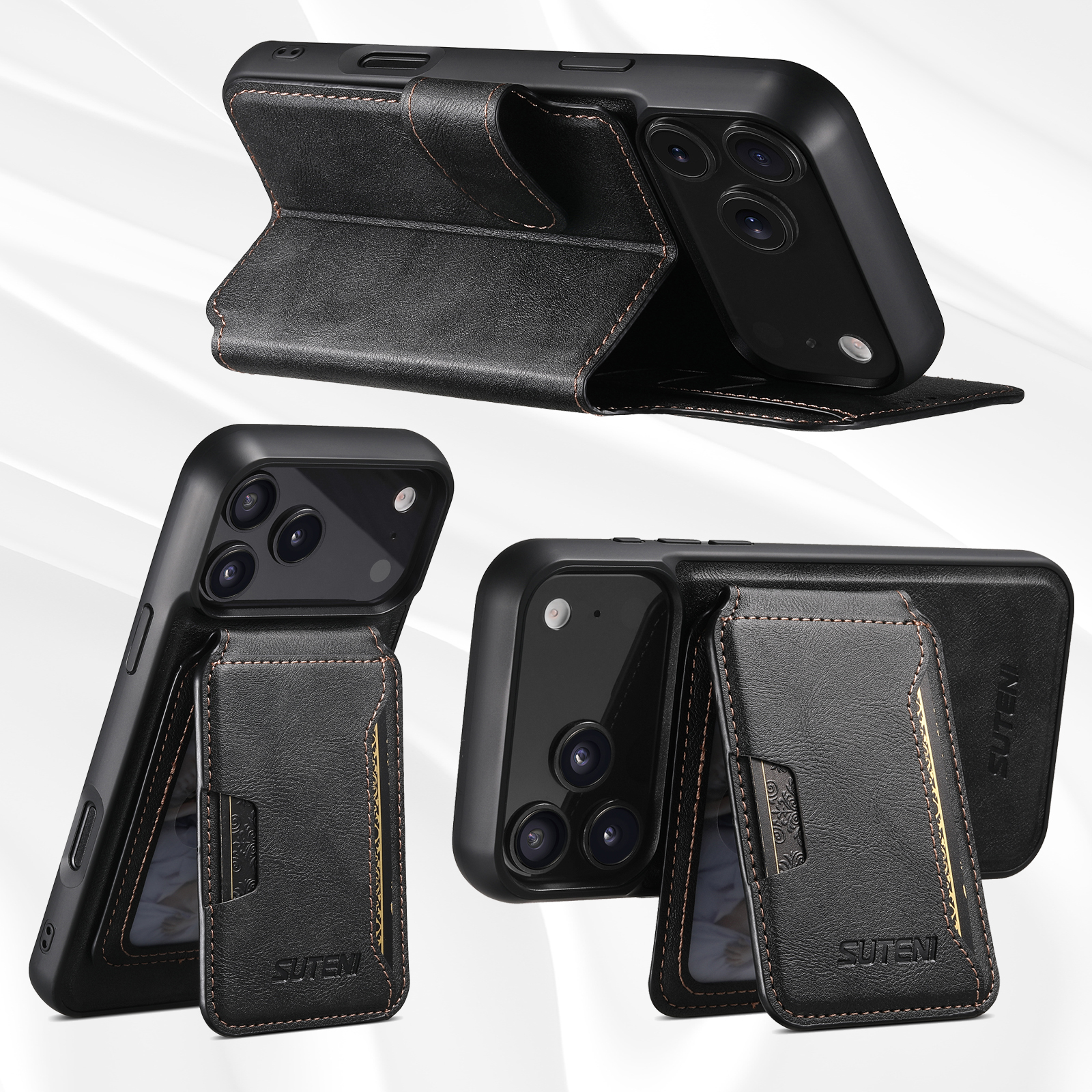 SUTENI Q05S3 Faux Leather Wireless Charging Card Holder Stand Wallet Magnetic Flip Cover Phone Case For iPhone 17 Pro Max 16 Plus 15 14 13 12