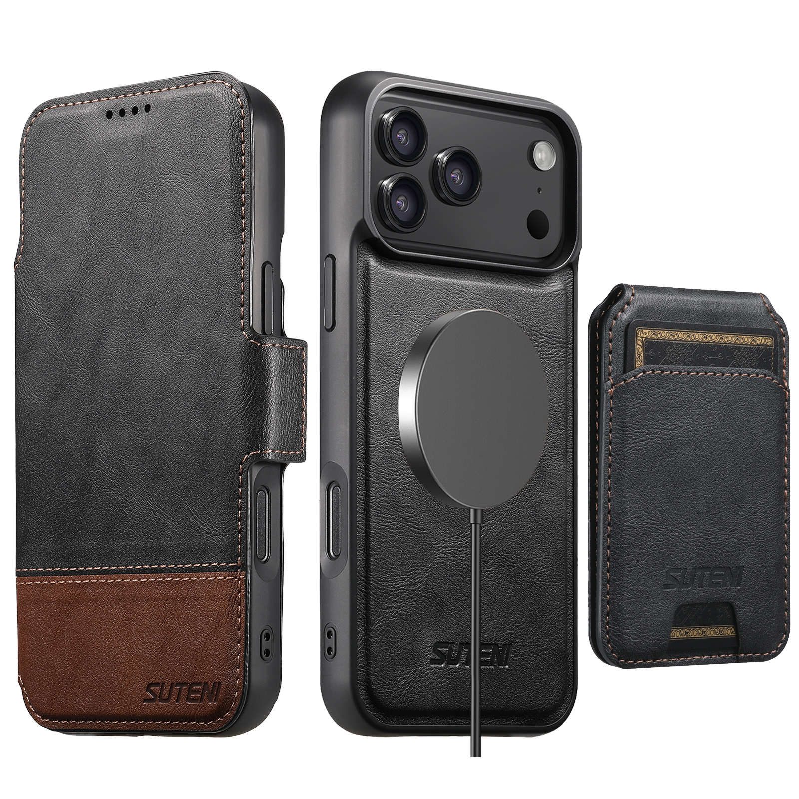 SUTENI Q06S2 Faux Leather Wireless Charging Card Holder Stand Wallet Magnetic Flip Cover Phone Case For iPhone 17 Pro Max 16 Plus 15 14 13 12