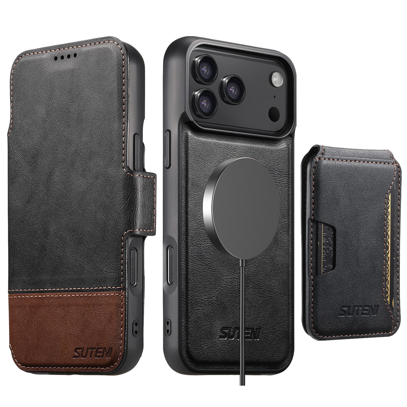 SUTENI Q06S3 Faux Leather Wireless Charging Card Holder Stand Wallet Magnetic Flip Cover Phone Case For iPhone 17 Pro Max 16 Plus 15 14 13 12