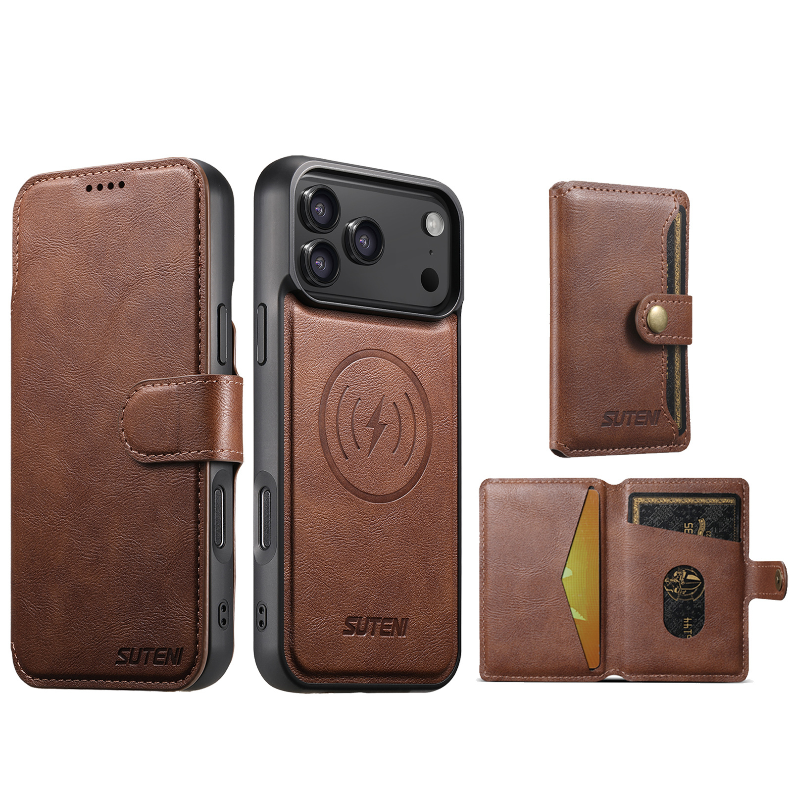 SUTENI Q05S1 Faux Leather Wireless Charging Card Holder Stand Wallet Magnetic Flip Cover Phone Case For iPhone 17 Pro Max 16 Plus 15 14 13 12