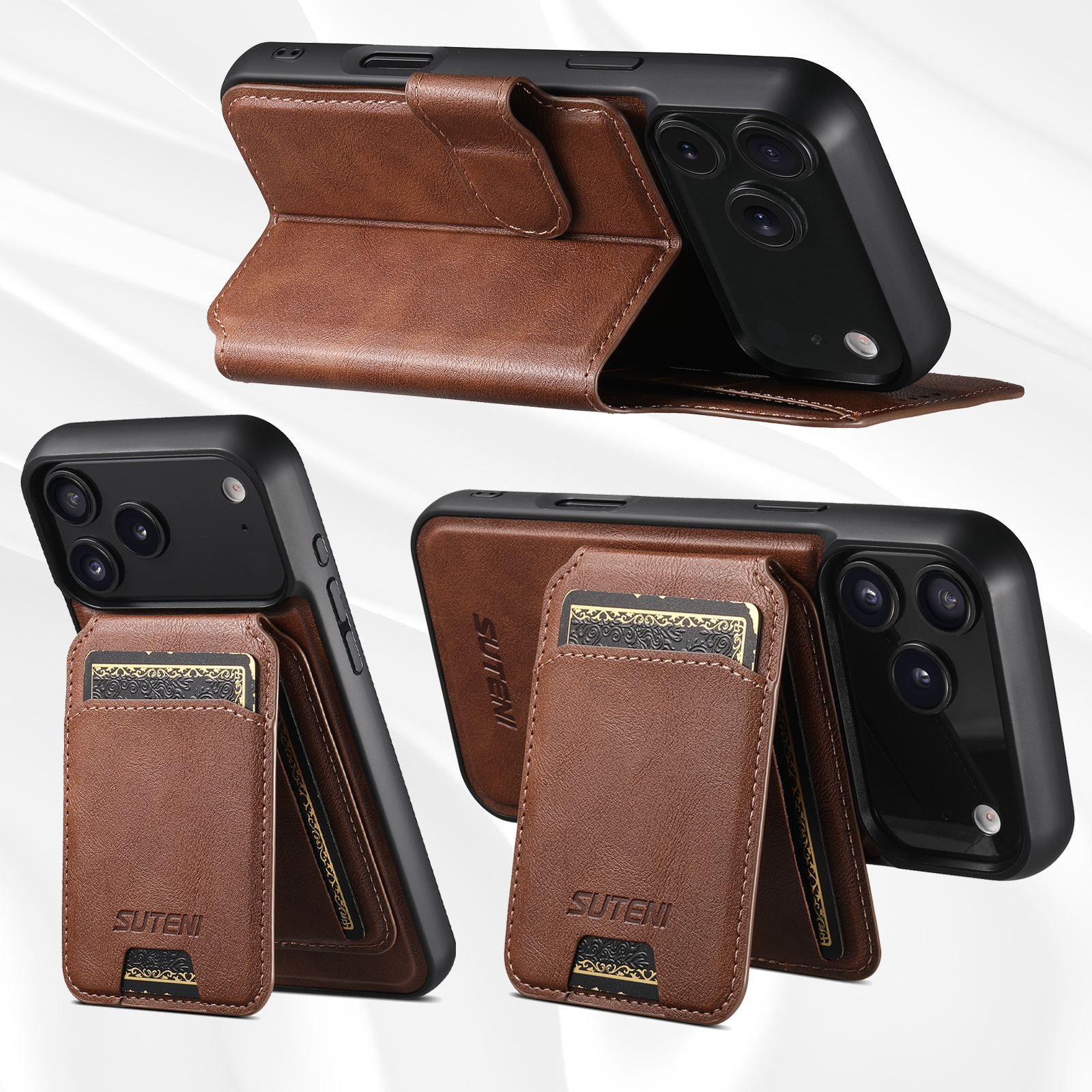 SUTENI Q05S2 Faux Leather Wireless Charging Card Holder Stand Wallet Magnetic Flip Cover Phone Case For iPhone 17 Pro Max 16 Plus 15 14 13 12