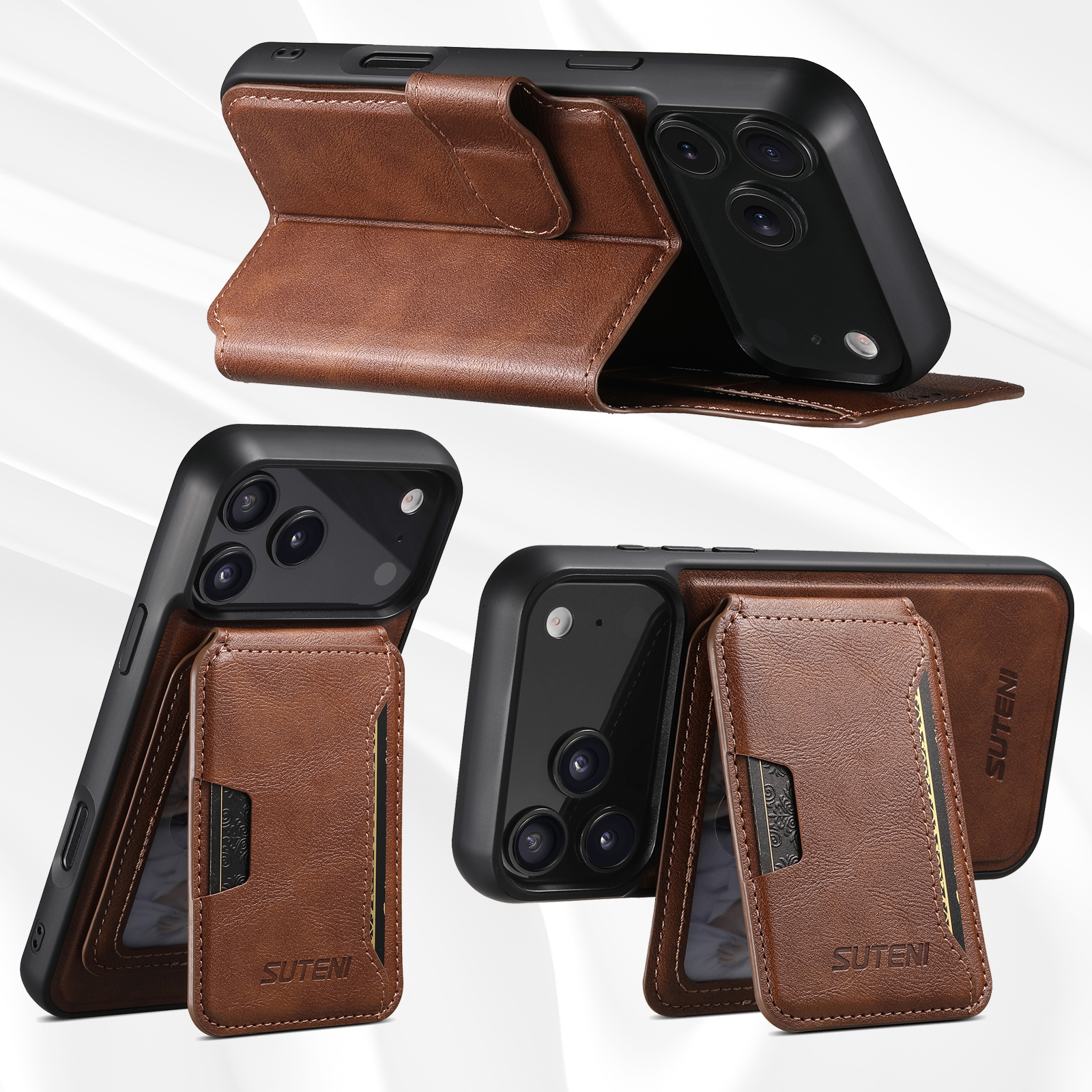 SUTENI Q05S3 Faux Leather Wireless Charging Card Holder Stand Wallet Magnetic Flip Cover Phone Case For iPhone 17 Pro Max 16 Plus 15 14 13 12