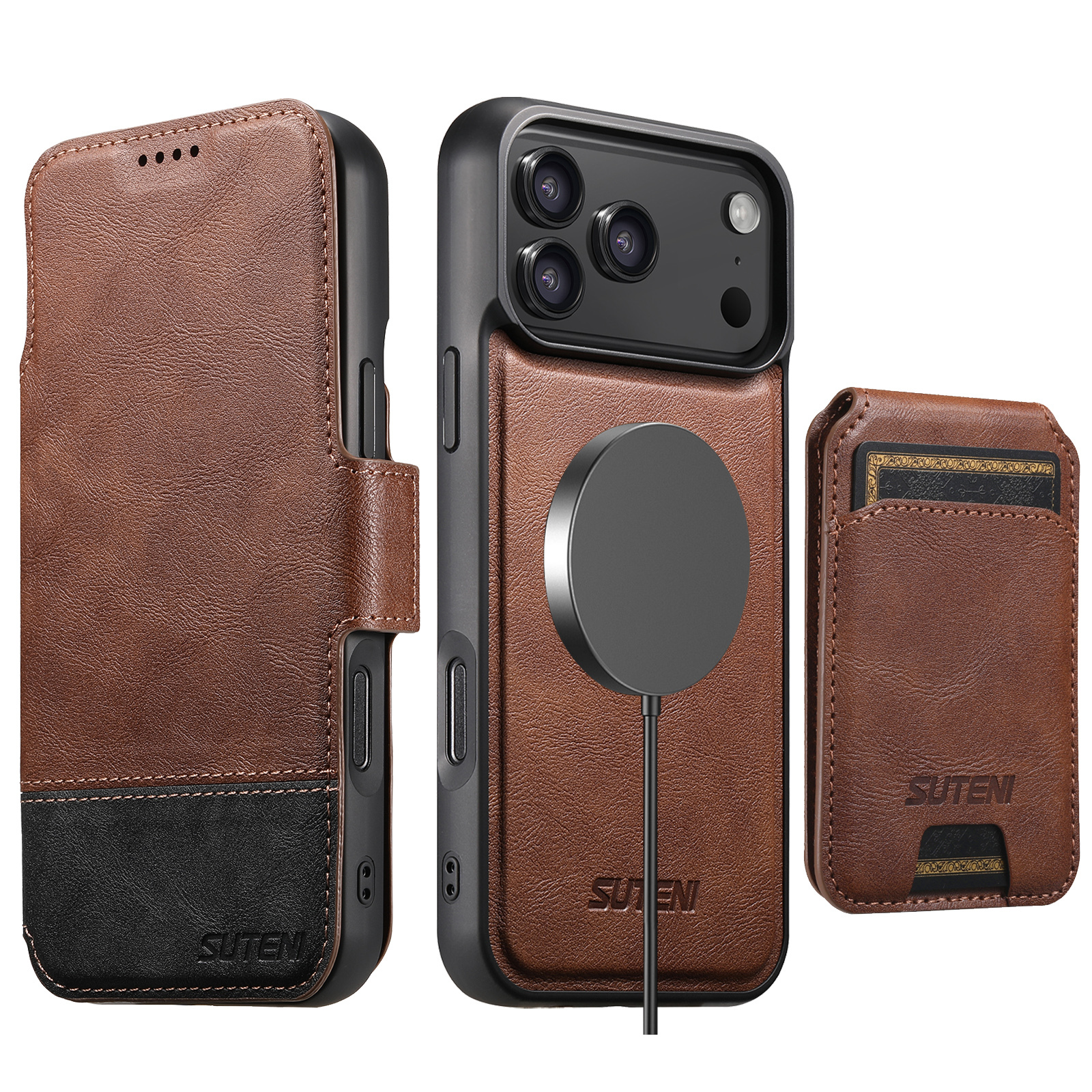 SUTENI Q06S2 Faux Leather Wireless Charging Card Holder Stand Wallet Magnetic Flip Cover Phone Case For iPhone 17 Pro Max 16 Plus 15 14 13 12