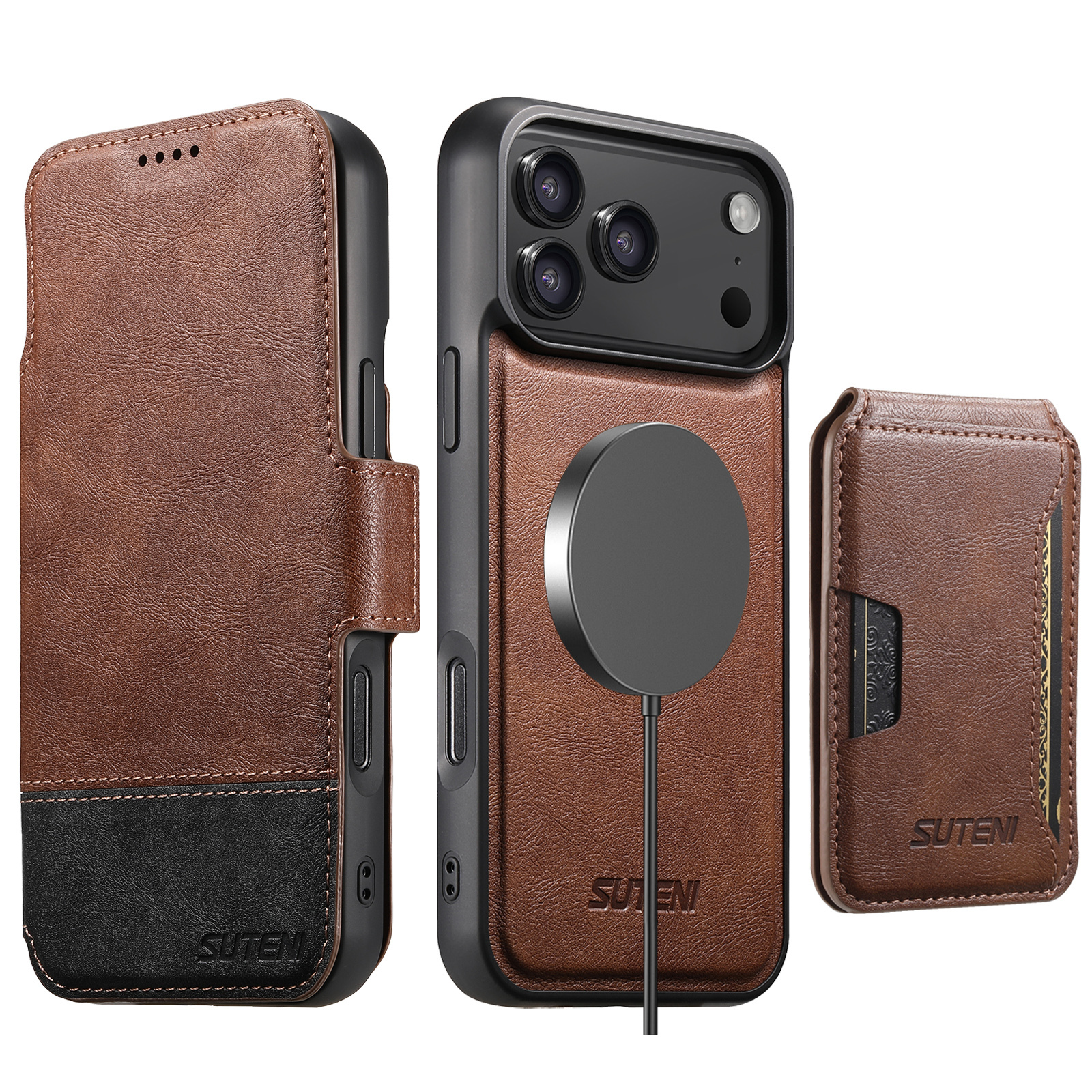 SUTENI Q06S3 Faux Leather Wireless Charging Card Holder Stand Wallet Magnetic Flip Cover Phone Case For iPhone 17 Pro Max 16 Plus 15 14 13 12
