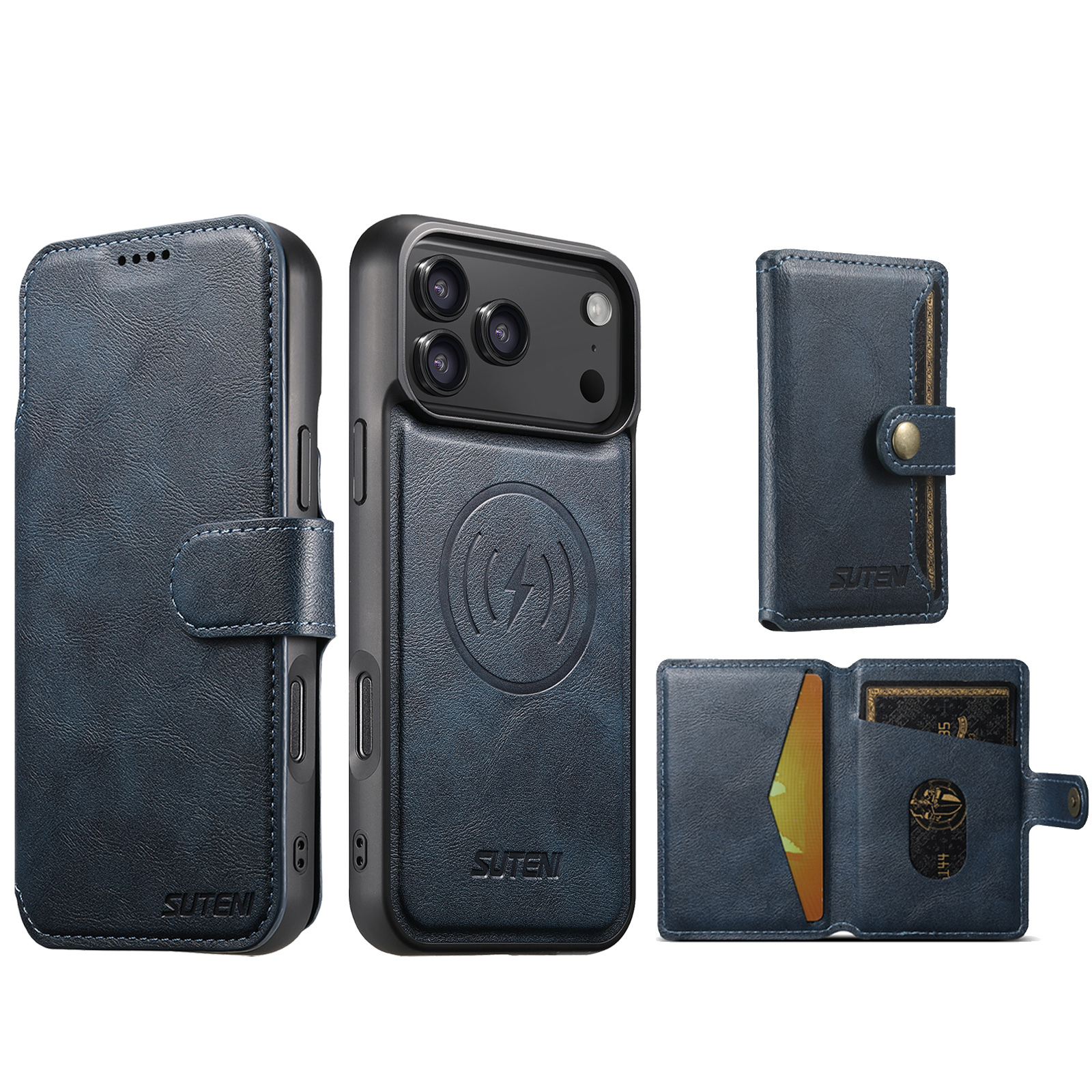 SUTENI Q05S1 Faux Leather Wireless Charging Card Holder Stand Wallet Magnetic Flip Cover Phone Case For iPhone 17 Pro Max 16 Plus 15 14 13 12