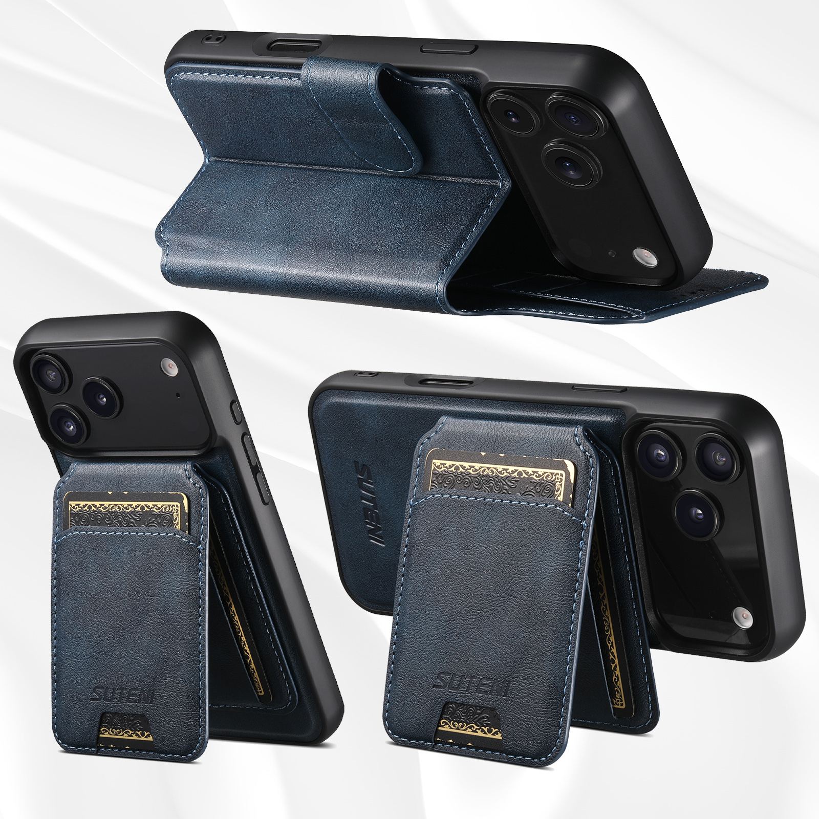 SUTENI Q05S2 Faux Leather Wireless Charging Card Holder Stand Wallet Magnetic Flip Cover Phone Case For iPhone 17 Pro Max 16 Plus 15 14 13 12