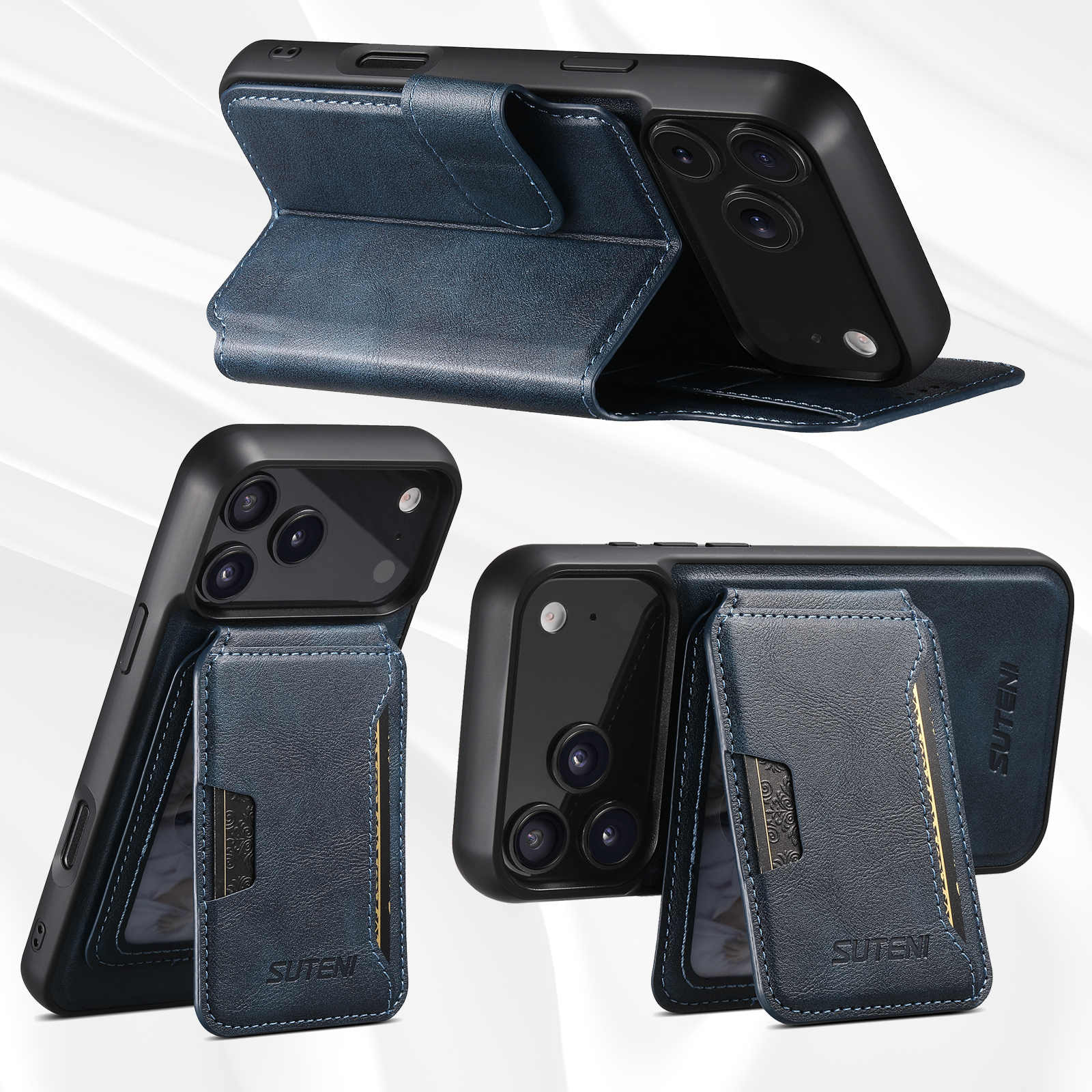 SUTENI Q05S3 Faux Leather Wireless Charging Card Holder Stand Wallet Magnetic Flip Cover Phone Case For iPhone 17 Pro Max 16 Plus 15 14 13 12