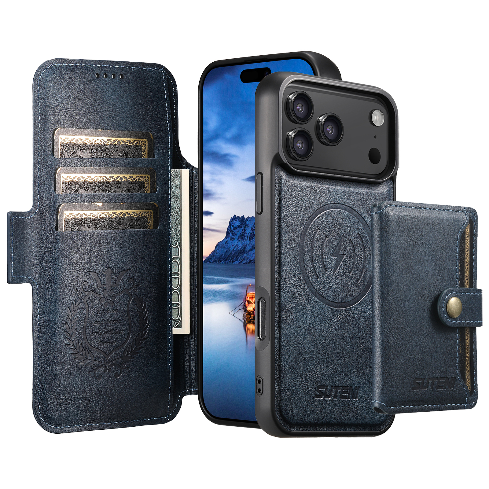 SUTENI Q06S1 Faux Leather Wireless Charging Card Holder Stand Wallet Magnetic Flip Cover Phone Case For iPhone 17 Pro Max 16 Plus 15 14 13 12