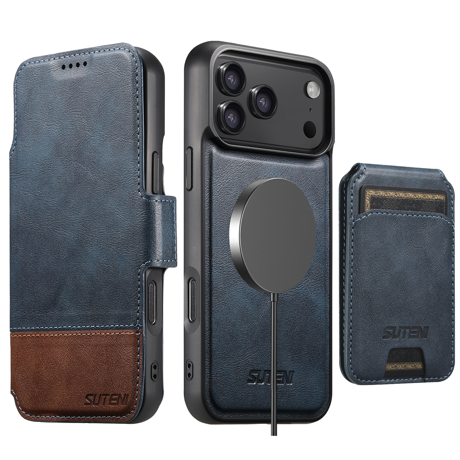 SUTENI Q06S2 Faux Leather Wireless Charging Card Holder Stand Wallet Magnetic Flip Cover Phone Case For iPhone 17 Pro Max 16 Plus 15 14 13 12