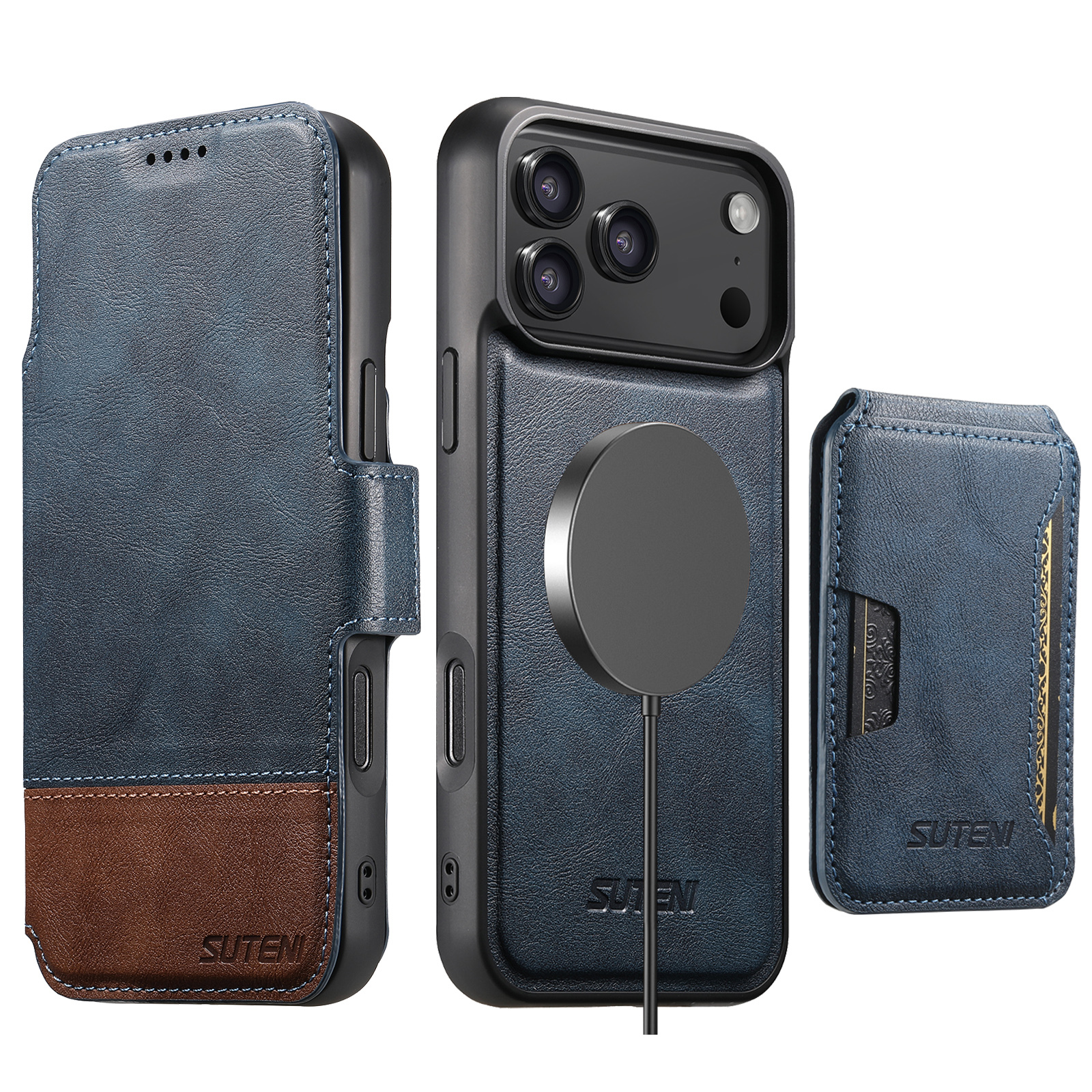 SUTENI Q06S3 Faux Leather Wireless Charging Card Holder Stand Wallet Magnetic Flip Cover Phone Case For iPhone 17 Pro Max 16 Plus 15 14 13 12