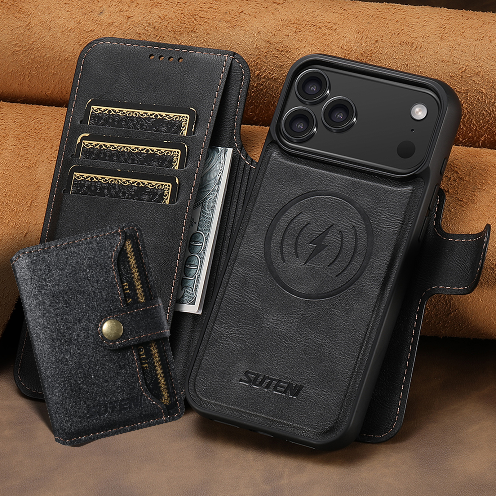 SUTENI Q05S1 Faux Leather Wireless Charging Card Holder Stand Wallet Magnetic Flip Cover Phone Case For iPhone 17 Pro Max 16 Plus 15 14 13 12