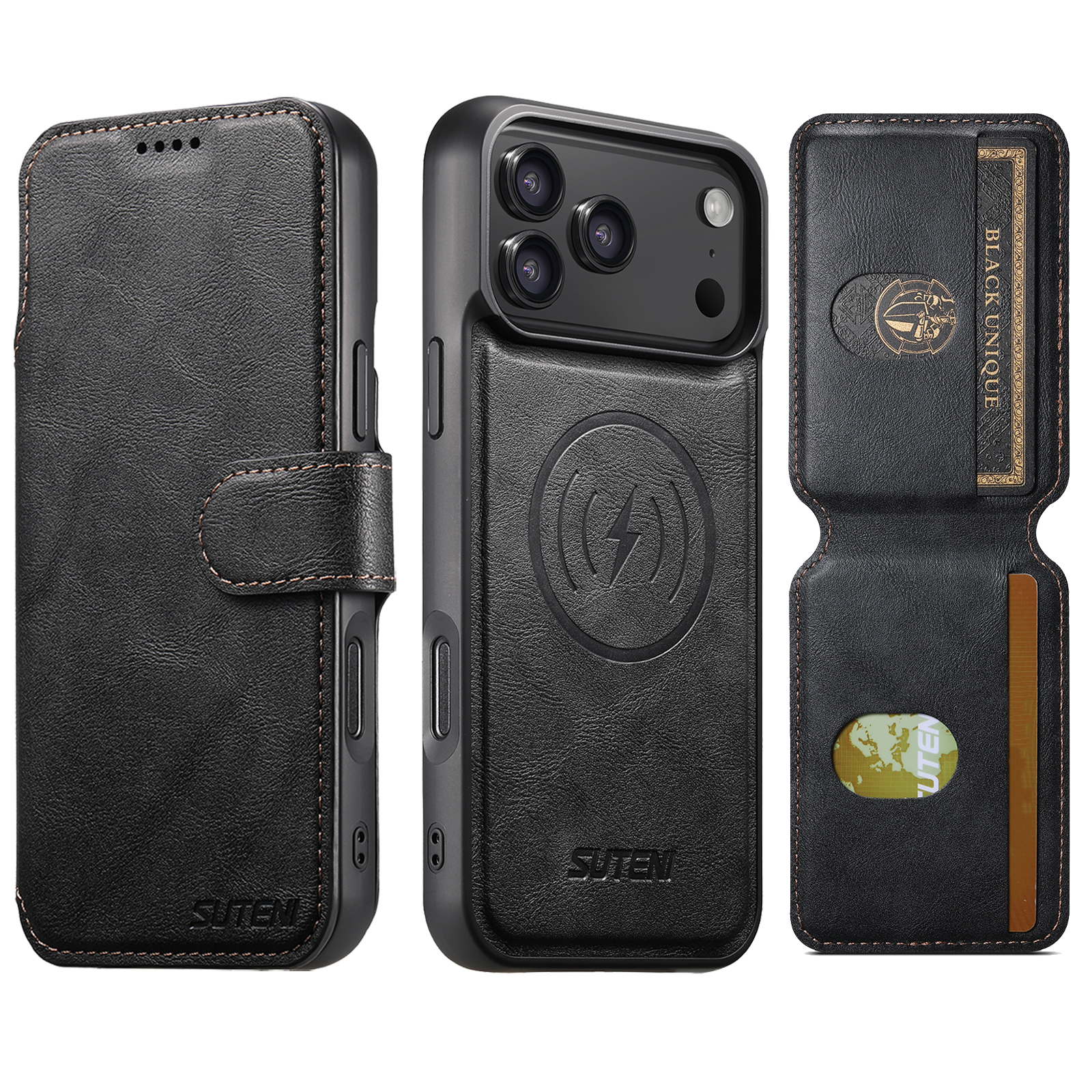 SUTENI Q05S2 Faux Leather Wireless Charging Card Holder Stand Wallet Magnetic Flip Cover Phone Case For iPhone 17 Pro Max 16 Plus 15 14 13 12