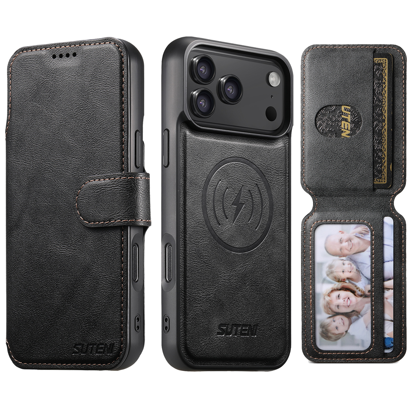 SUTENI Q05S3 Faux Leather Wireless Charging Card Holder Stand Wallet Magnetic Flip Cover Phone Case For iPhone 17 Pro Max 16 Plus 15 14 13 12