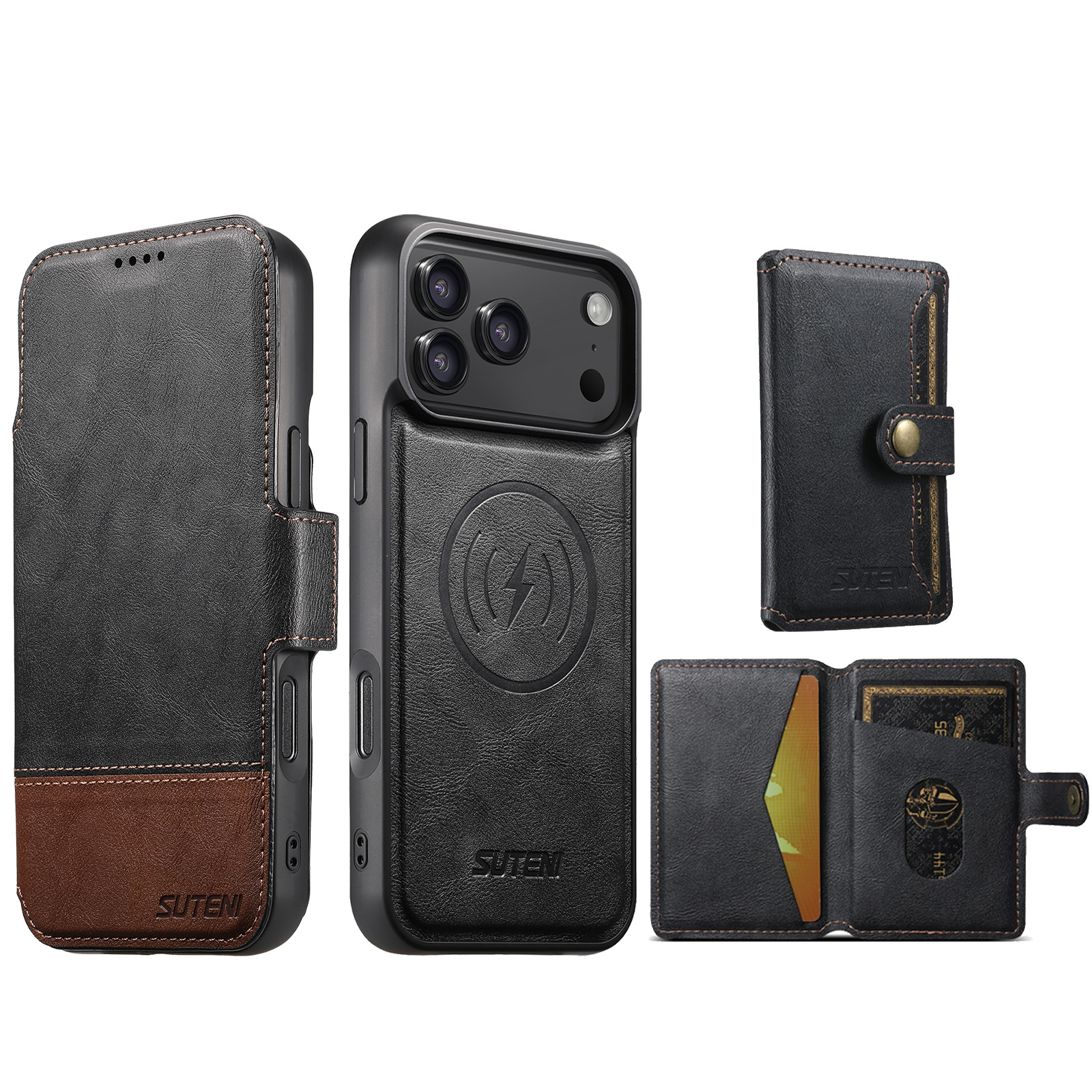 SUTENI Q06S1 Faux Leather Wireless Charging Card Holder Stand Wallet Magnetic Flip Cover Phone Case For iPhone 17 Pro Max 16 Plus 15 14 13 12