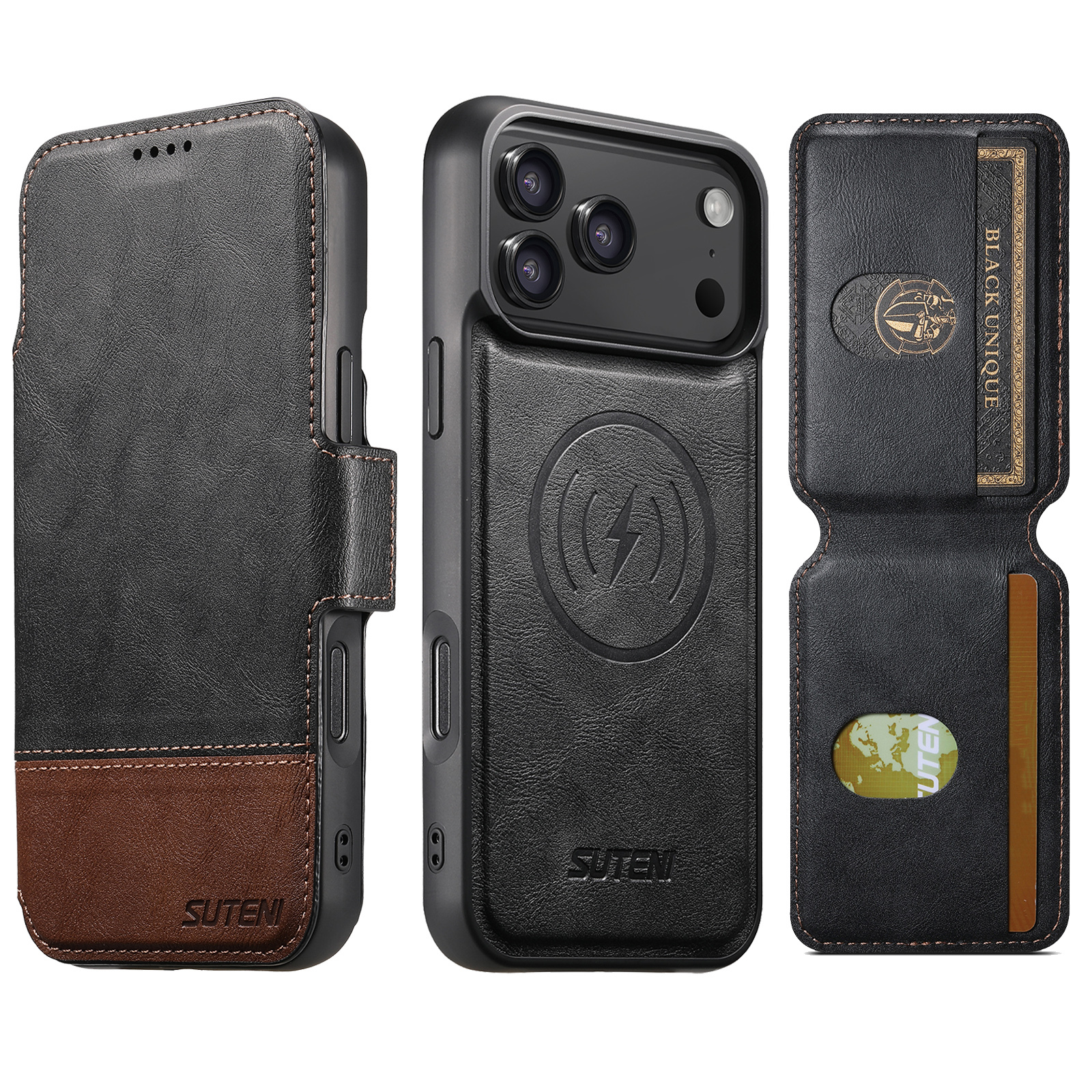 SUTENI Q06S2 Faux Leather Wireless Charging Card Holder Stand Wallet Magnetic Flip Cover Phone Case For iPhone 17 Pro Max 16 Plus 15 14 13 12