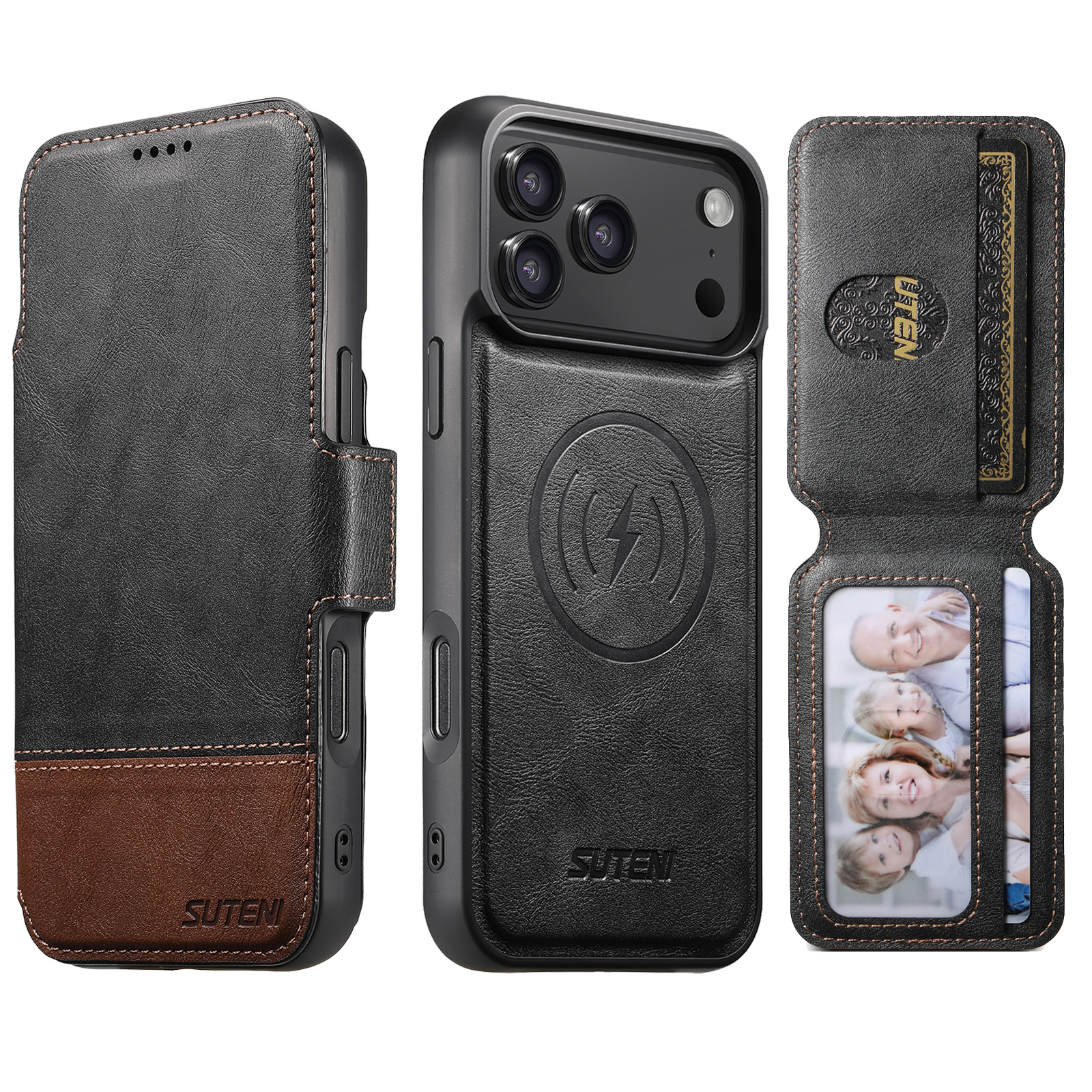 SUTENI Q06S3 Faux Leather Wireless Charging Card Holder Stand Wallet Magnetic Flip Cover Phone Case For iPhone 17 Pro Max 16 Plus 15 14 13 12