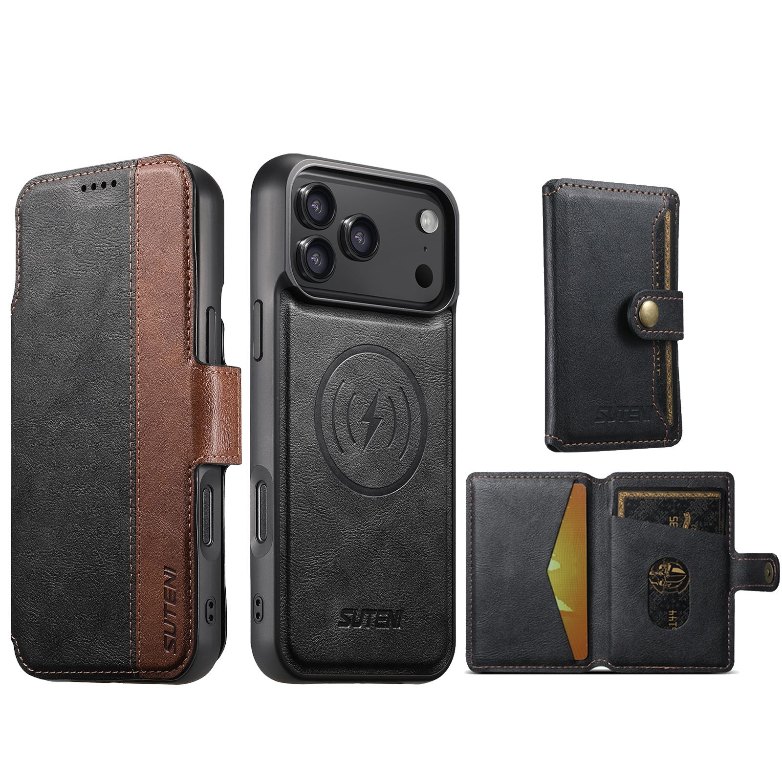 SUTENI Q07S1 Faux Leather Wireless Charging Card Holder Stand Wallet Magnetic Flip Cover Phone Case For iPhone 17 Pro Max 16 Plus 15 14 13 12