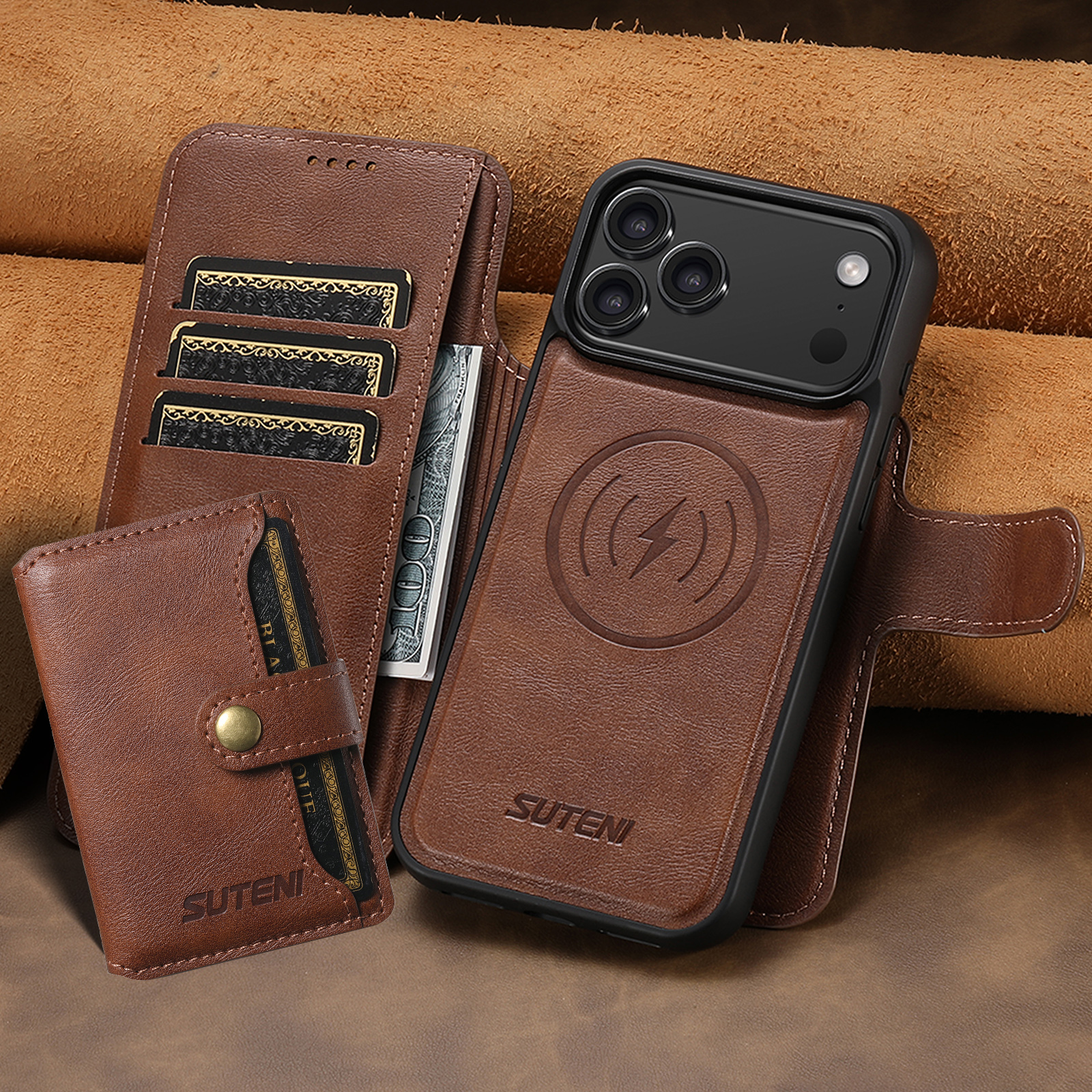 SUTENI Q05S1 Faux Leather Wireless Charging Card Holder Stand Wallet Magnetic Flip Cover Phone Case For iPhone 17 Pro Max 16 Plus 15 14 13 12