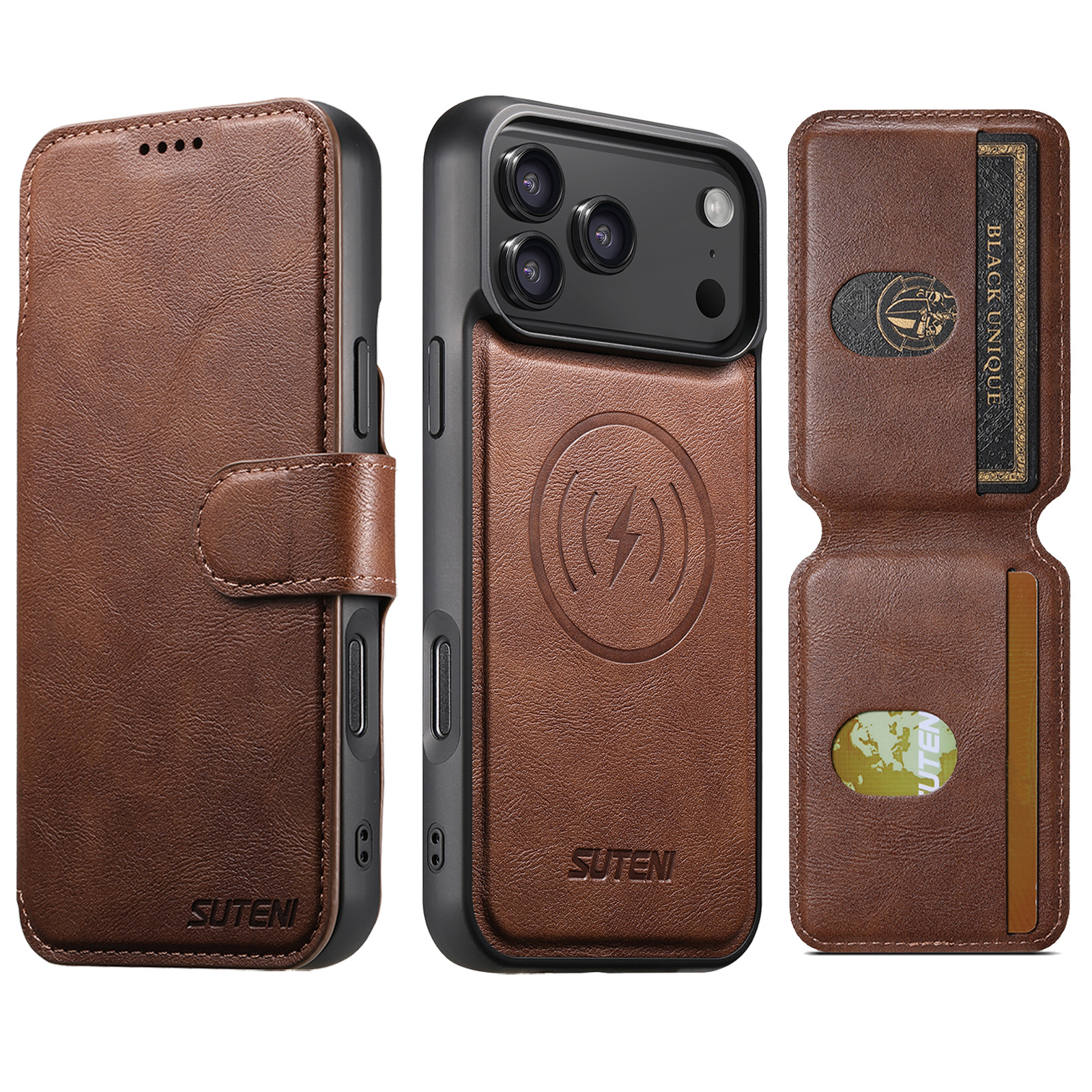 SUTENI Q05S2 Faux Leather Wireless Charging Card Holder Stand Wallet Magnetic Flip Cover Phone Case For iPhone 17 Pro Max 16 Plus 15 14 13 12