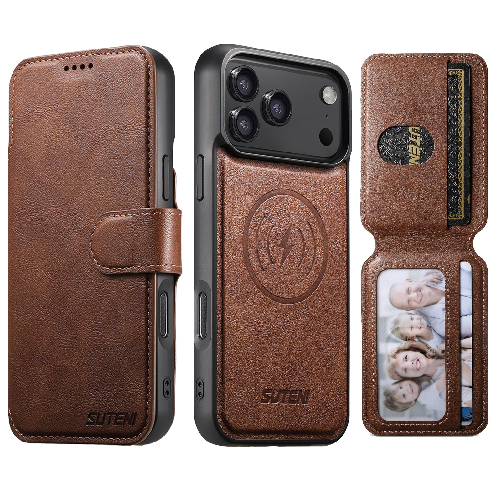 SUTENI Q05S3 Faux Leather Wireless Charging Card Holder Stand Wallet Magnetic Flip Cover Phone Case For iPhone 17 Pro Max 16 Plus 15 14 13 12