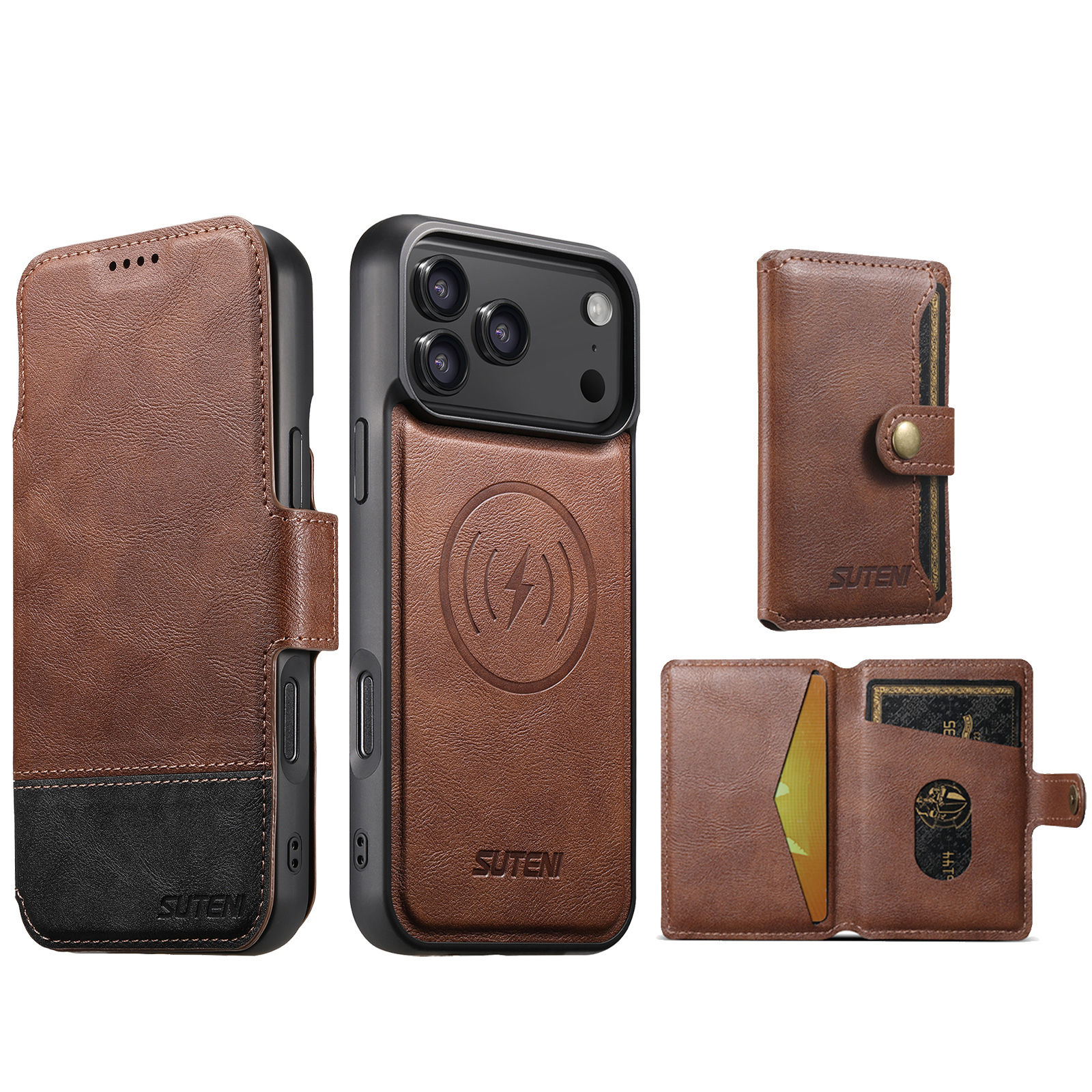 SUTENI Q06S1 Faux Leather Wireless Charging Card Holder Stand Wallet Magnetic Flip Cover Phone Case For iPhone 17 Pro Max 16 Plus 15 14 13 12