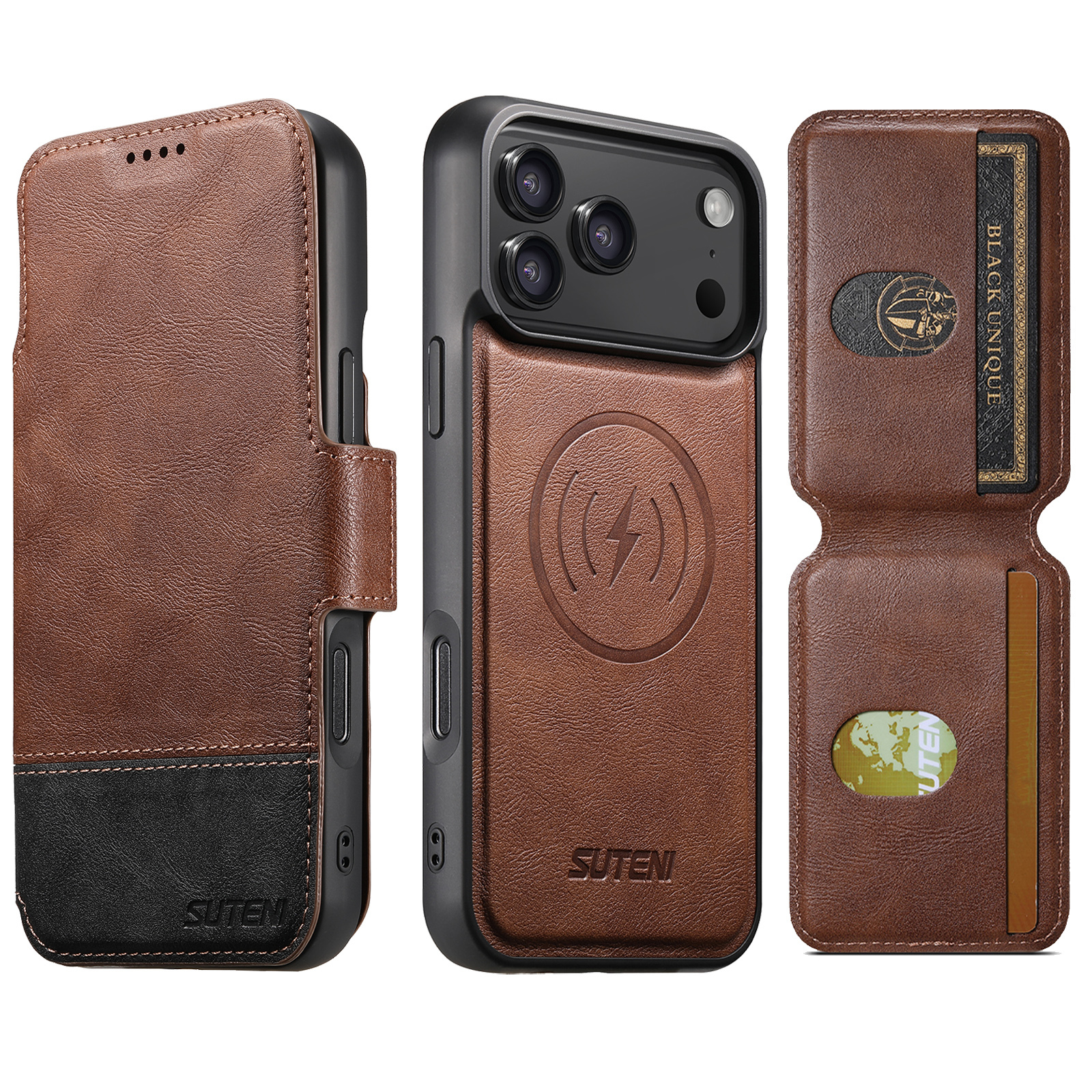 SUTENI Q06S2 Faux Leather Wireless Charging Card Holder Stand Wallet Magnetic Flip Cover Phone Case For iPhone 17 Pro Max 16 Plus 15 14 13 12